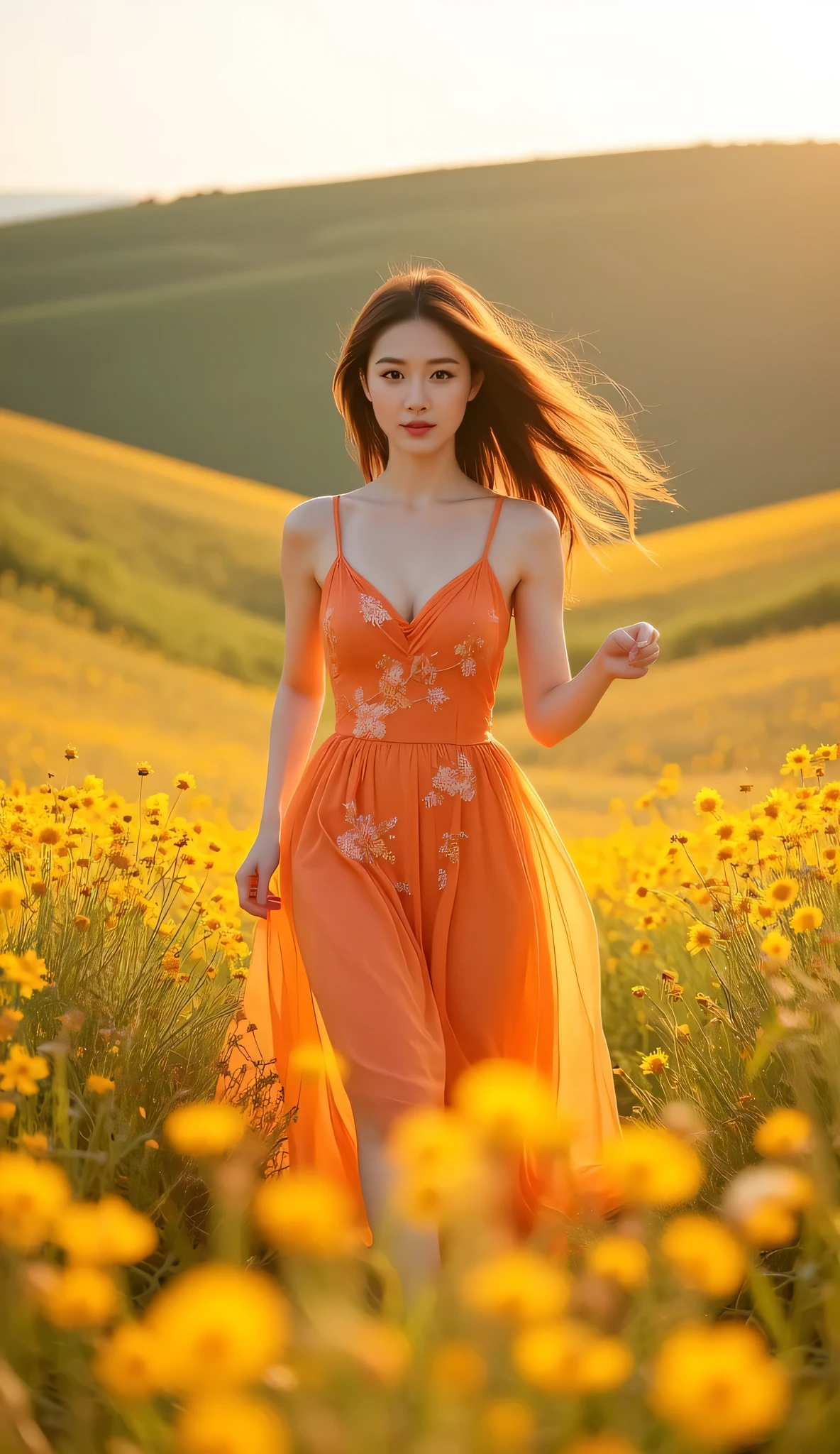 A luxurious editorial shot of a beautiful Korean woman running gracefully through a field of golden wildflowers. She wears a chic, translucent orange dress adorned with delicate floral embroidery. As a gentle breeze blows, golden light illuminates the area with a warm, gentle glow, highlighting her facial features and flowing hair. The sloping hills in the background add depth, while dreamy, cinematic compositions enhance the image’s timeless elegance. A perfect balance of nature, fashion and storytelling. Haute couture Editorial. Vogue Style. Elegant composition.
