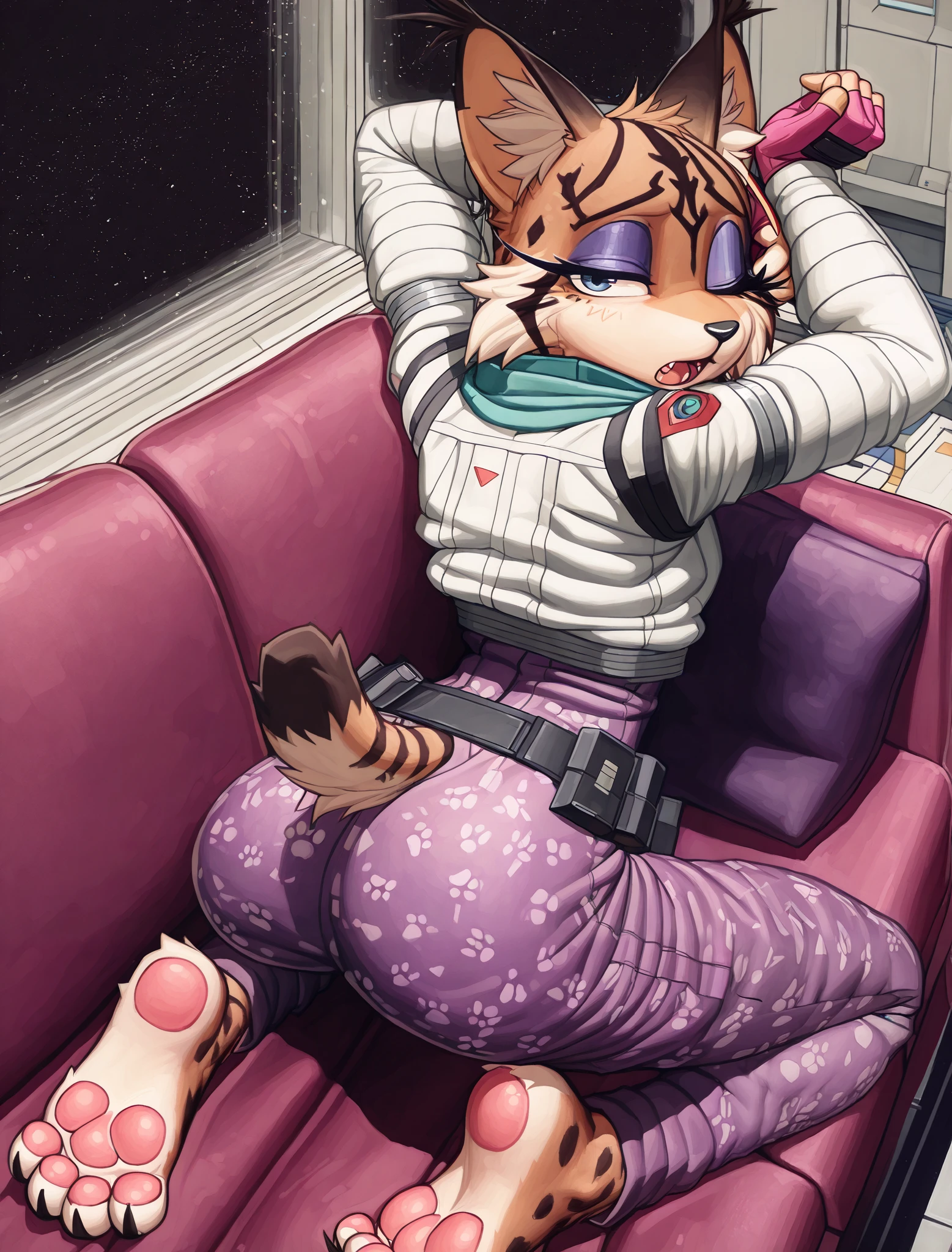 ((Miyu Lynx)), ((Starfox)), ((pixelsketcher style)), ((wamudraws style)), ((masterpiece)), ((high resolution)), ((solo portrait)) ((back view)), {(attractive figure), (toned body), (beautiful legs), (pretty paw feet), (brown fur), (lynx pattern stripes), (black nose), (long pointed lynx ears), (one eye closed), (dark blue eyes), (half lidded eyes), (indigo eyeshadow), (long eyelashes), (mouth open)}, {(purple jumpsuit), (white jacket), (hot-pink fingerless gloves), (turquoise scarf), (utility belt)}, {(kneeling on couch), (stretching), (arching back), (arms above head), (looking back at viewer)}, ((lounge)), ((living quarters)), ((window)), ((space))