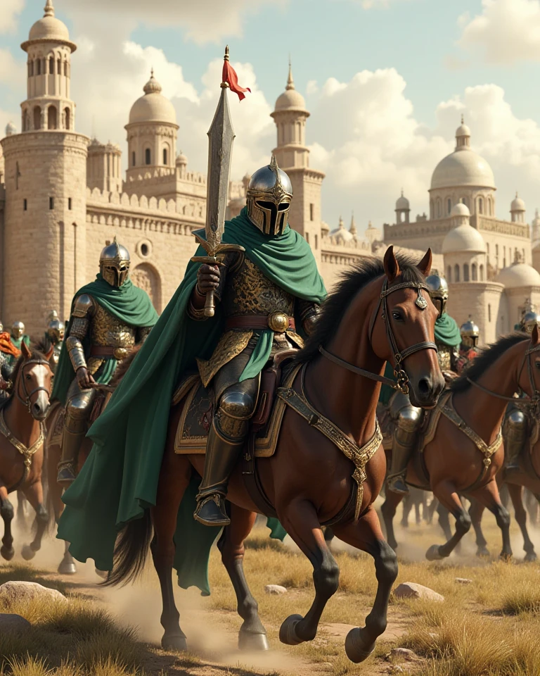 **Prompt:** Create a hyper-realistic panoramic image set in a medieval age where passionate of sultan 'saladin' mounted horse guarded by green cape arabic warrior horse mounted cavalry orderly units, they are marching forward into battlefield. Focus on the intricately detailed medieval armored arabic sultan and the broad scimitar held by the mounted horse arabic king knight. The composition should utilize a symmetrical balance with central leading lines that draw the viewer's eye into the dynamic action. Incorporate various mixed lighting elements to enhance the dramatic atmosphere, capturing the essence of the ancient Moeslim era. Utilize Unreal Engine 5 to achieve ultra-realistic textures, ensuring depth in the scenery, and convey the powerful energy of the cavalry march. Aim for a wide-angle cinematic shot that provides a breathtaking view of the battleground with a backdrop of imposing arabic castles and an expansive landscape.