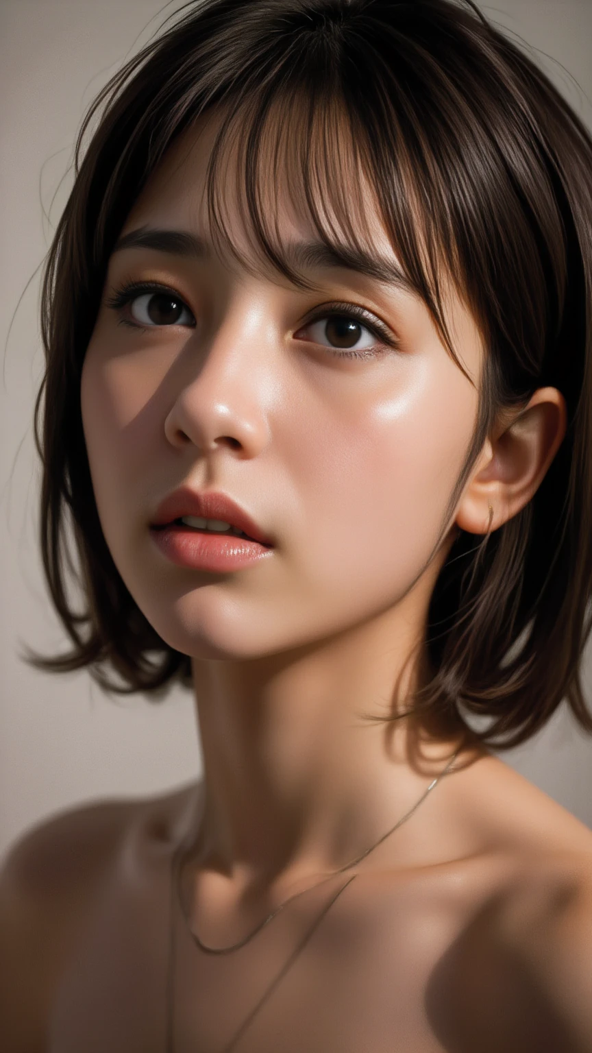 ((masterpiece, Highest quality, High resolution、Everything is beautifully detailed)), 1 girl, (Realistic: 1.4), alone, White Background, snow-White Background, Mouth closed, Smile, Smile, Beautiful black hair, short hair, Big eyes, Transparent double eyelids, eyelash, Listen carefully, Long neck, 美しくLong neck, Absolute area, ((Face close-up)), (Draw the whole head, shoulder), 19 years old, Attractive proportions, Glowing Skin, Beautiful collarbone, Golden ratio face, Perfect Face, Teardrop-shaped moles, Mole on chest, bangs, clean bangs, beautiful bangs, Lip gloss, Thin lips, Fair skin, naked, Big Breasts, {gigantic|big|huge|mega} breasts, cleavage,Small face, Small face, All the heads are painted, shoulder all drawn, Looking slightly above the camera