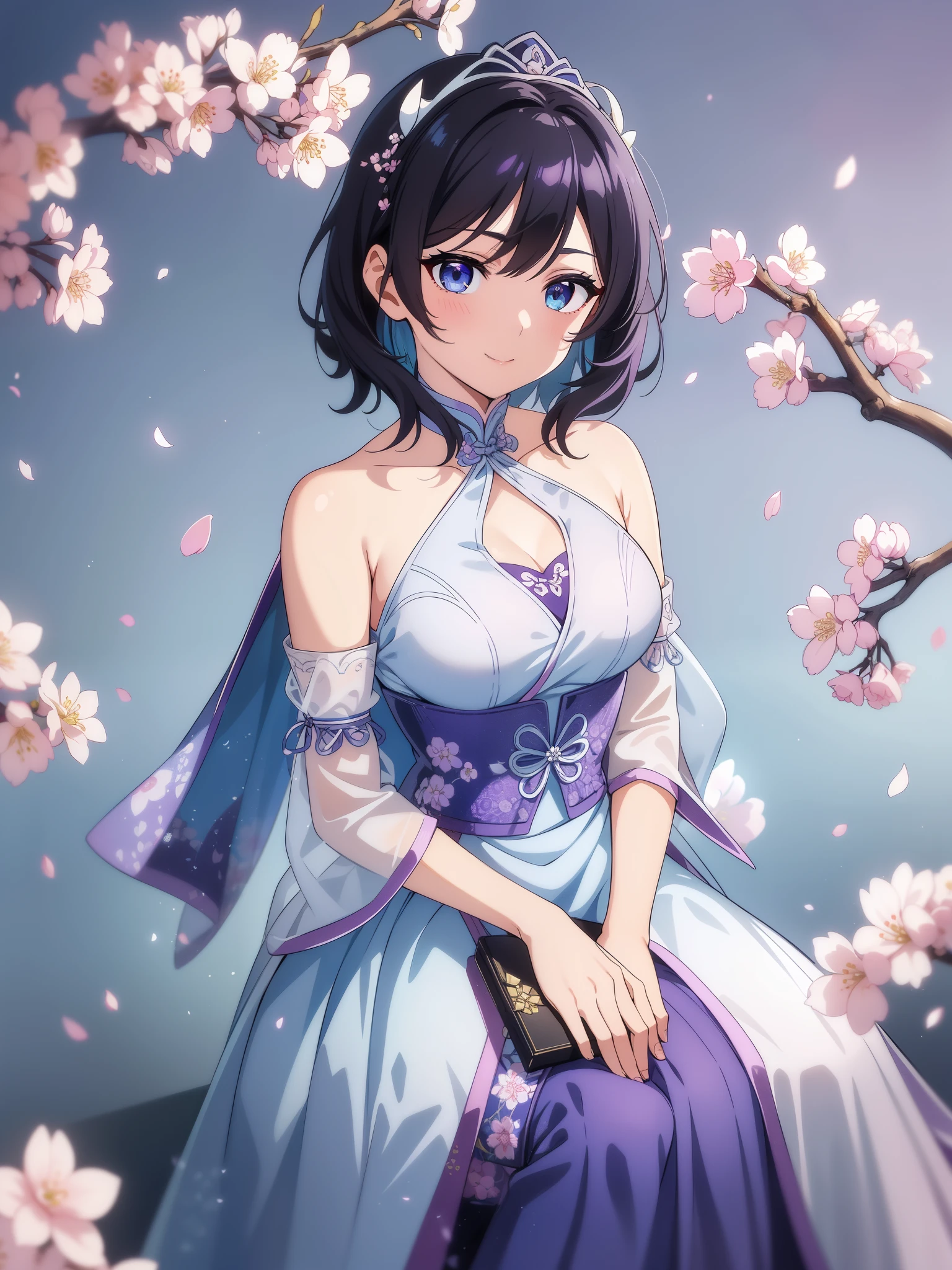 (high-quality, breathtaking),(expressive eyes, perfect face) 1female, girl , solo, ager, asian woman hairstyle, short hair length, soft wave, black hair color, Heterochromia left eye blue and right eye purple, white and black dress, shawl, blue and purple background, music, gentle smile, swirls in background, music notes background, beautiful background, symmetrical eyes, Qing Dynasty Costumes, hairpin, cherry blossom background, full body, portrait, symmetrical body, centred composition, looking at viewer, facing viewer
