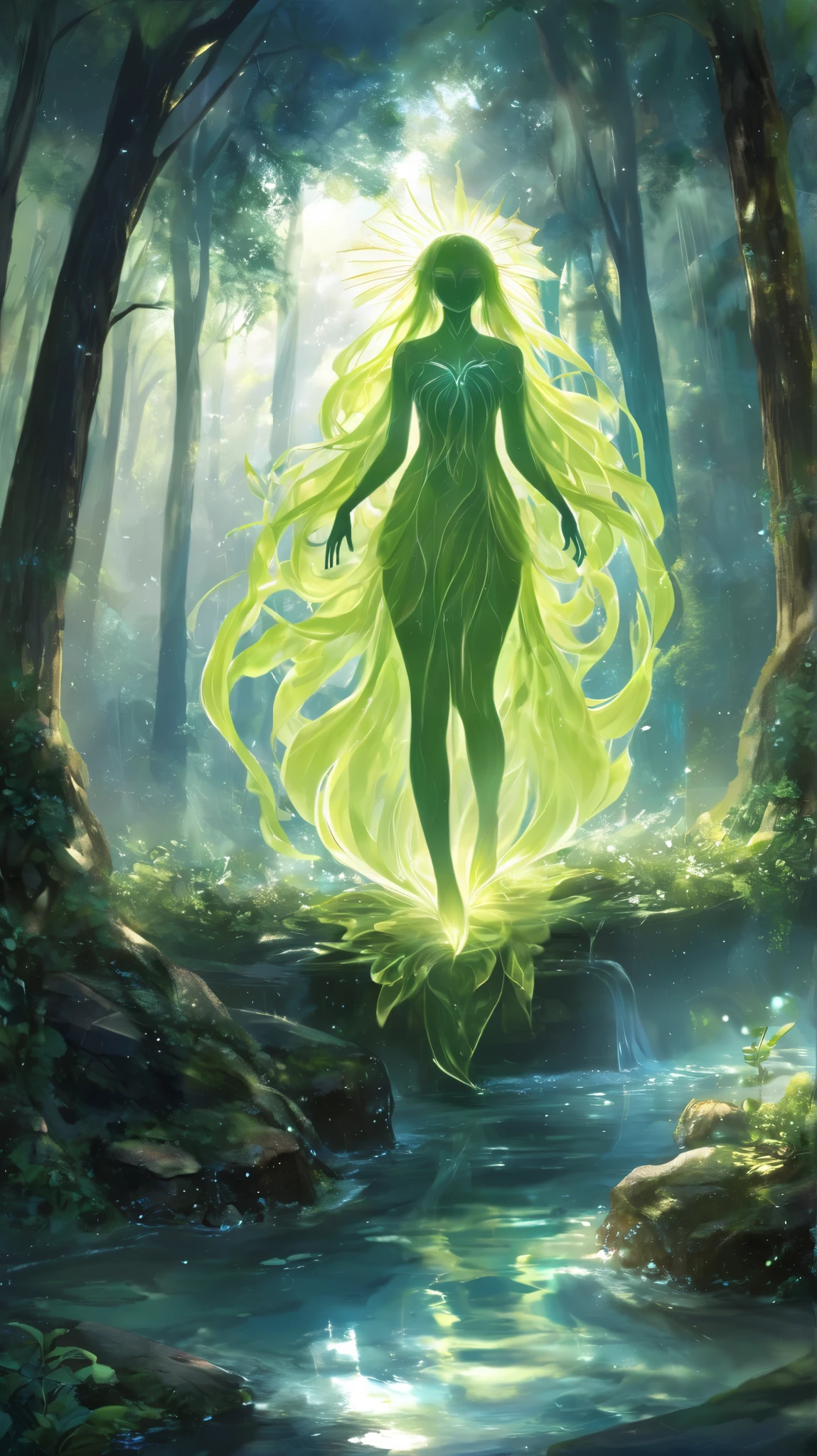 "A mesmerizing and enigmatic Japanese yokai named Hikari-no-Utsushi, the phantom of light and illusion. This ethereal being appears as a radiant figure, composed entirely of shifting, refracted light, its form never quite settling into one shape. At times, it resembles a human silhouette; at others, it dissolves into a cascade of glowing, crystalline shards. It moves through misty forests and ancient ruins, where the sunlight filters through the trees in golden streams. When it touches a surface, its reflection lingers unnaturally, twisting and distorting, showing glimpses of places that should not exist. It is said that those who follow its shimmering path may find themselves lost between realities, trapped in a world where light and shadow intertwine, and truth becomes nothing more than a reflection of desire."