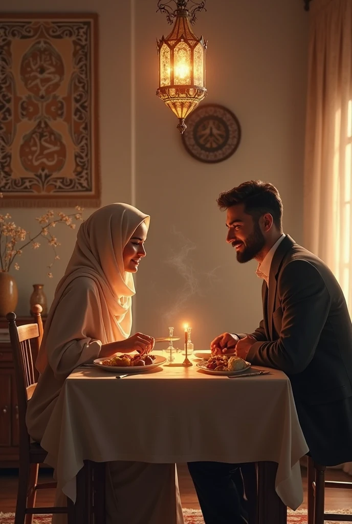 A Muslim handsome man and a beautiful woman are sitting on a chair at a dining table. On the dining table are various fruits and curry rice. They are talking.His wife was beaming at him and talking
