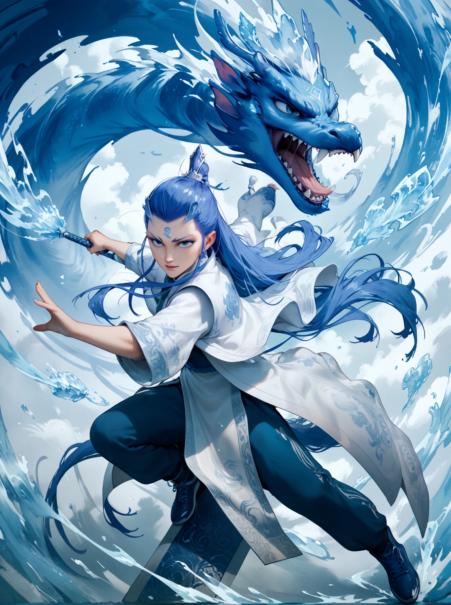 (zPDXL3) handsome and tall aobing ready to fight and ready to fight with his power shaped into ice chinese dragon flying around him