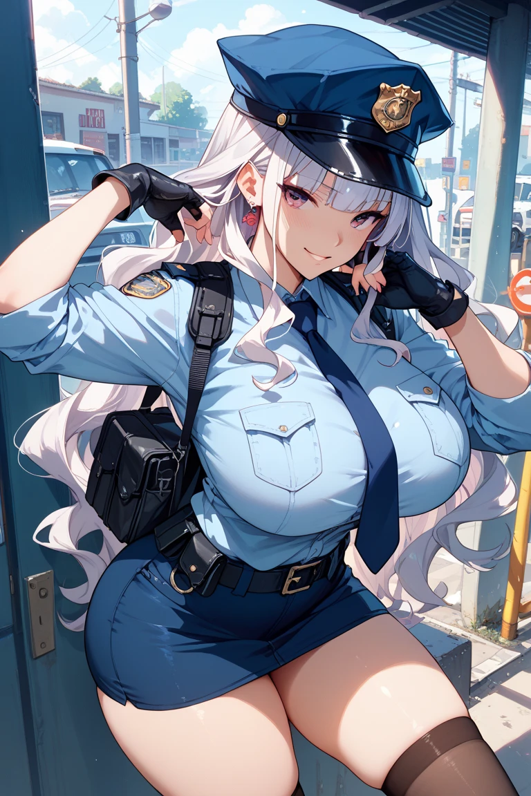 score 9, score 8 up, score 7 up, a evil girl, solo, baby, blunt bangs, white hair, semi-long hair, (curvy:1.3), (fair skin), baby soft skin, white background, Police uniform, collarbone, blue buttoned shirt, skirt in, black leather tight skirt, belt, utility belt, cylindrical hat, hair is neatly tied back, silver ear piercings, stackable rings, black nails, from knee up, standing, hand on hip, leaning forward, looking down, looking at viewer, beautiful color,
