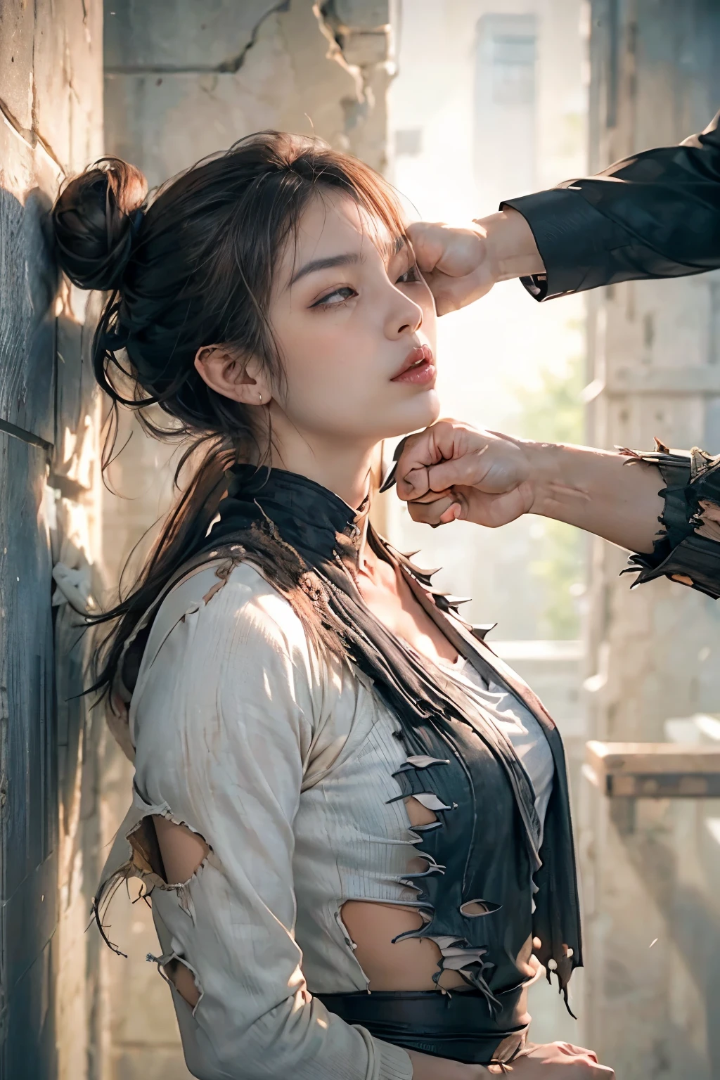 high resolution, high quality, realistic, (8k, RAW shooting, highest quality, masterpiece: 1.2), super detailed, super resolution, (real, realistic: 1.37), portrait, high resolution RAW color photo, professional photo, highly detailed face, highly detailed body, perfect anatomy, detailed background, (torn clothes: 1.7), BREAK,
score_9, score_8_up to the side, score_7_up to the side, highest quality, masterpiece, source_anime zPDXL2 BREAK dressed, hurts, looks away, , , , standing outside, leaning back, leaning against a wall, pressing arms against a wall, eyes closed and mouth open, ((torn clothes), short torn, sweating, dirty, hurts, lots of skin visible through clothes, ((head tilted back), male opponent outside frame punching girl, ((girl's face)), ((( hit ))) ((( face punch ))),one eye closed,,Chun-Li,brown eyes,double buns,bangladeshi,cheongsam,spiked bracelet,pantyhose,despair,shaded face,highly realistic,unconscious,curved face,round eyes,injured,torn clothes,sweat,wet close-up,(blues,:1.2),dynamic pose,dynamic angle,,sweaty clothes,battle damage,{{{heartache}}},detailed face in profile,exhausted,hollow eyes,(open eyes:0.2),nosebleed,back view,tall blonde girl,droopy eyes,fancy earrings