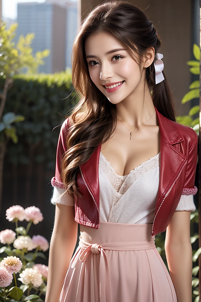  Realistically, Super detailed, professional photo of 1 girl, full body photo, masterpiece garden terrace, view to the garden,photoRealistic, intricate-detail、Raw foto、perfect skin, radiant skin, white skin, natural makeup, Trending in art stations, 18K, Masterpiece、1girl 20 yrs, 170 height, very light brown medium Hair,the most beautiful asian girl, from japan, mix of  young monica bellucii face, irina shayk face, emily didonato face, amber heard face and miranda kerr face, beautiful face, real face, better eyes, face and skin, small nose, sweet girl, jaw dropping beauty, smiling with dimples, white teeth, red lipstick, curly hair, blue eyes, beautiful eyes, seductive smile,  full lips,  curvy girl,medium to large natural full breasts, cleavage, gorgeous girl,  red mini skirt with floral details, designer mini  skirt,  detailed legs, red and yellow clothes colors, vogue style, beautiful colors, beautiful contrast colors, Super detail body, perfect body, perfect legs, confident woman, seductive smile, red Polka Dot Print blouse, and floral skirt, milk and mocha style, glamorous design with beautiful details, intricate details, designer outfit, blouse opens, vivid colors, foreground objects, background details,stylish girl, super sharp image, 18K wallpaper, crystal clear, beautiful pose, full body photo, smiling,  polka dot navyblue and pink blouse and floral skirt, beautiful clothes contrast, detailed hands, detailed fingers. Try adding a chic accent, uhd, masterpiece, various poses, image clarity, crystal clear, sitting on the chair in front of a table with food,  garden terrace, view to the garden, image clarity,depth of field, real life enhancer, perfect legs, bottom angle, sideway angle, wide shot, front light, back light, very good light on her face to accentuate her beautiful face, beautiful texture of the skin,image clarity, the most beautiful girl in the world, accurate,award winning, smile, flirting with the camera, the biggest smile looking at me