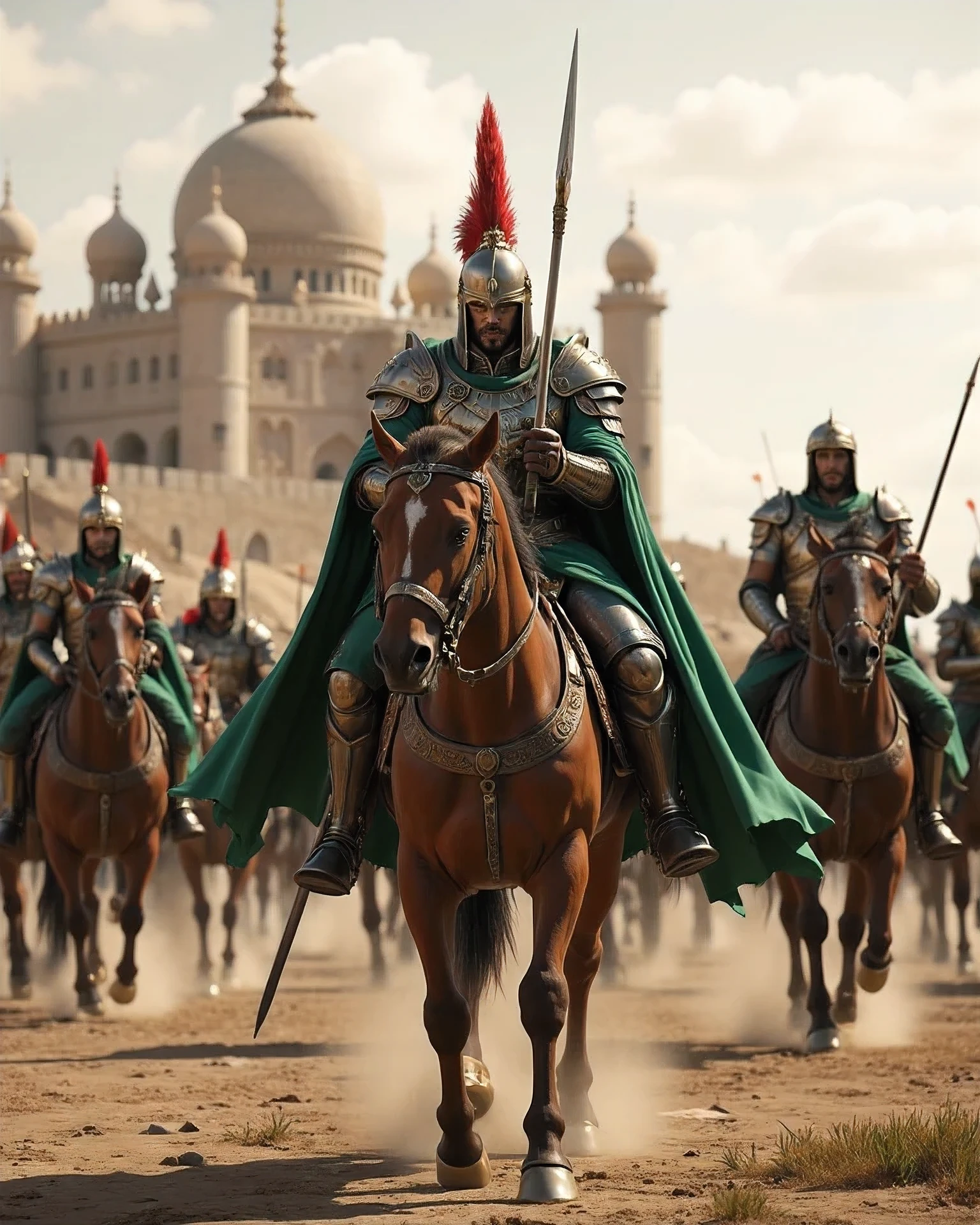 **Prompt:** Create a hyper-realistic panoramic image set in a arabic medieval age where passionate of sultan 'saladin' mounted horse guarded by green cape arabic warrior horse mounted cavalry orderly units, they are marching forward into battlefield. Focus on the intricately detailed medieval armored arabic sultan and the broad scimitar held by the mounted horse arabic king knight. The composition should utilize a symmetrical balance with central leading lines that draw the viewer's eye into the dynamic action. Incorporate various mixed lighting elements to enhance the dramatic atmosphere, capturing the essence of the ancient Moeslim era. Utilize Unreal Engine 5 to achieve ultra-realistic textures, ensuring depth in the scenery, and convey the powerful energy of the cavalry march. Aim for a wide-angle cinematic shot that provides a breathtaking view of the battleground with a backdrop of imposing arabic castles and an expansive landscape.