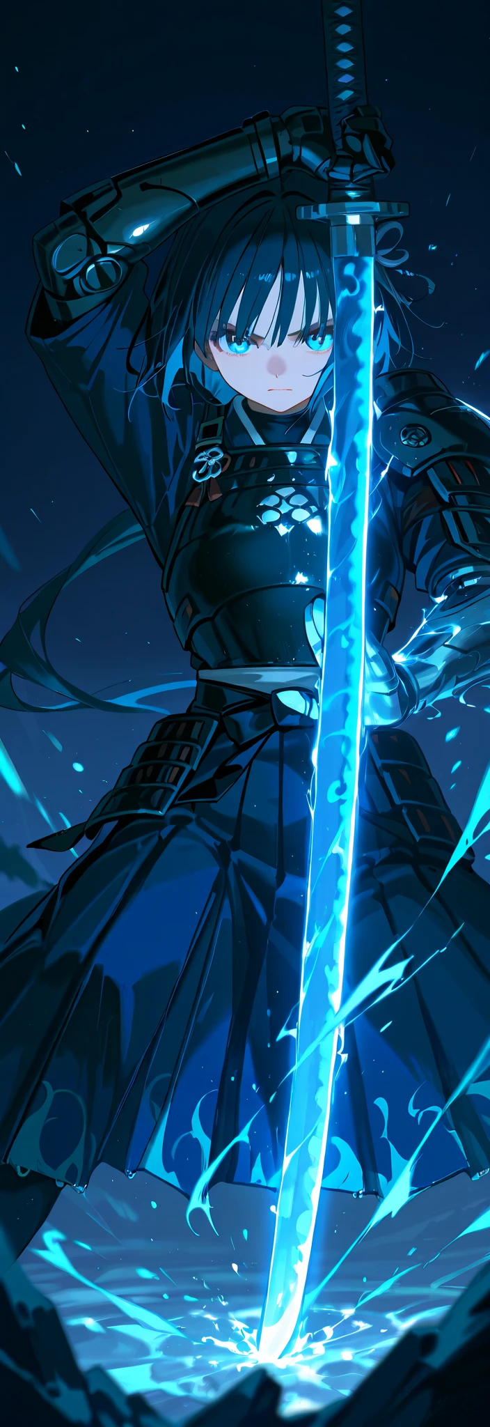 best quality, high detailed, Samurai Girl, mechanical right arm, iai stance, katana, big weapon, frozen arm, cold blue flame, Slash effect, serious, beautiful eyes, super fine eyes