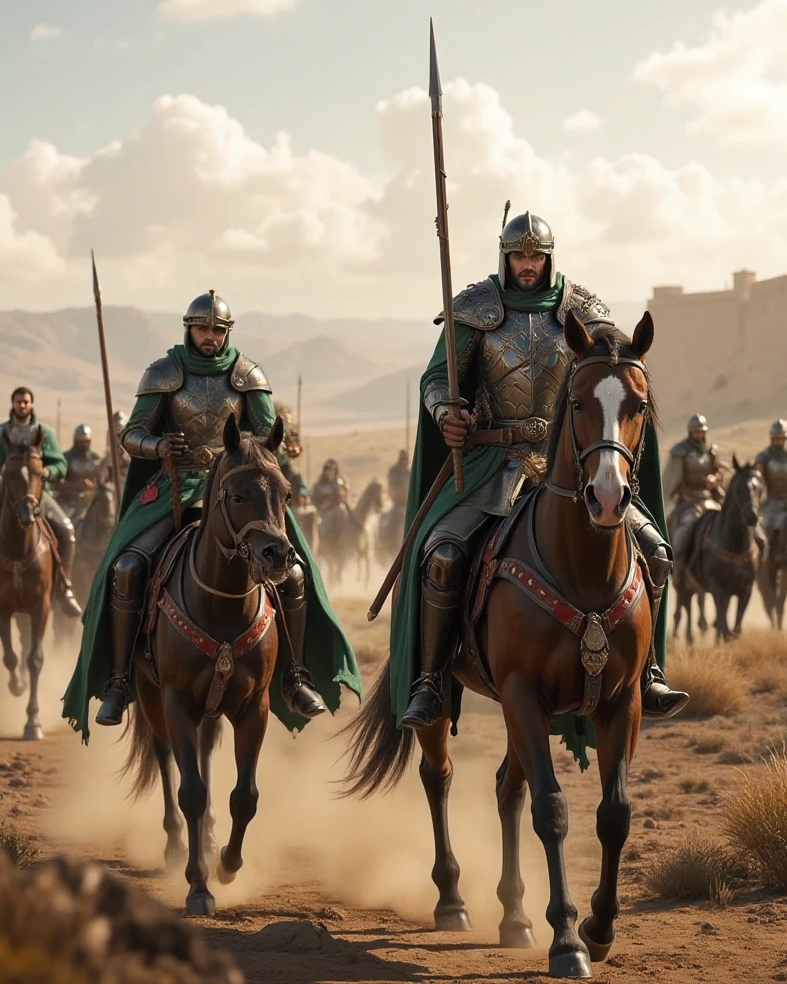 **Prompt:** Create a hyper-realistic panoramic image set in a medieval age where passionate of sultan 'saladin' mounted horse guarded by green cape arabic warrior horse mounted cavalry orderly units, they are marching forward into battlefield. Focus on the intricately detailed medieval armored arabic sultan and the broad scimitar held by the mounted horse arabic king knight. The composition should utilize a symmetrical balance with central leading lines that draw the viewer's eye into the dynamic action. Incorporate various mixed lighting elements to enhance the dramatic atmosphere, capturing the essence of the ancient Moeslim era. Utilize Unreal Engine 5 to achieve ultra-realistic textures, ensuring depth in the scenery, and convey the powerful energy of the cavalry march. Aim for a wide-angle cinematic shot that provides a breathtaking view of the battleground with a backdrop of imposing arabic castles and an expansive landscape.