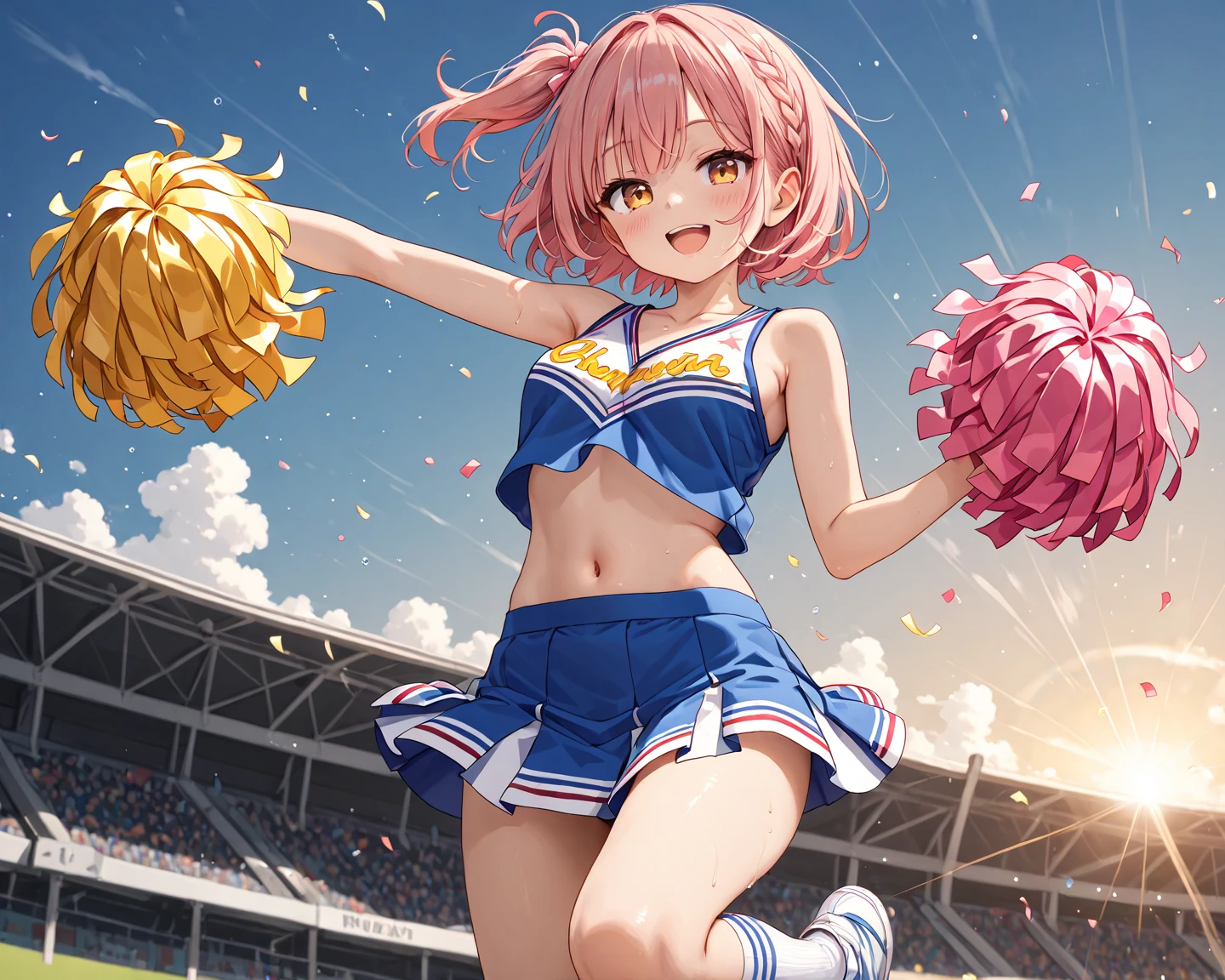 (Sports magazine cover photo), Highest quality, Great quality, 16K, Unbelievably absurd, Very detailed, delicate and dynamic, Natural light, The particles reflect light, Diffuse reflection of light, Many rainbow-colored petals fall, Beautiful stage, Sparkling Sun, Diffuse reflection of light, Create amazing image effects, Cheer girl, Wet, sweating, Cheerleading, Holding pom-poms, Dancing, Close-up(Cute sexy girl, big bouncing busts, Sensual expression, Cool girl, Serious, passion, Dynamic, cheerleading uniform, audience ,much-air-laden cheer)