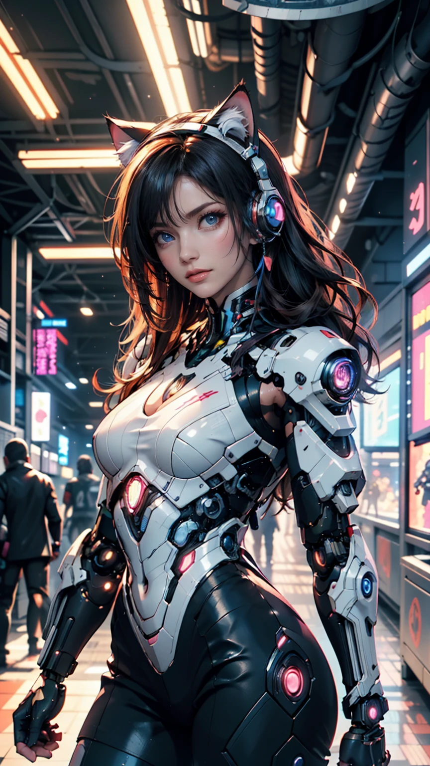 Anime girl in futuristic outfit with cat ears and headphones, Cute Cyborg Girl, Digital Cyberpunk Anime Art, Cyberpunk Anime Girl mech, female Cyberpunk Anime Girl, Cyberpunk Anime Girl, Beautiful girl cyborg, Perfect android girl, anime cyberpunk art, Portrait Anime Astronaut Girl, Dreamy Cyberpunk Girl, Digital Cyberpunk - Anime Art, Girl wearing mecha cyber armor, Cyberpunk beautiful girl、24-year-old woman、Sexy proportions、Sexy