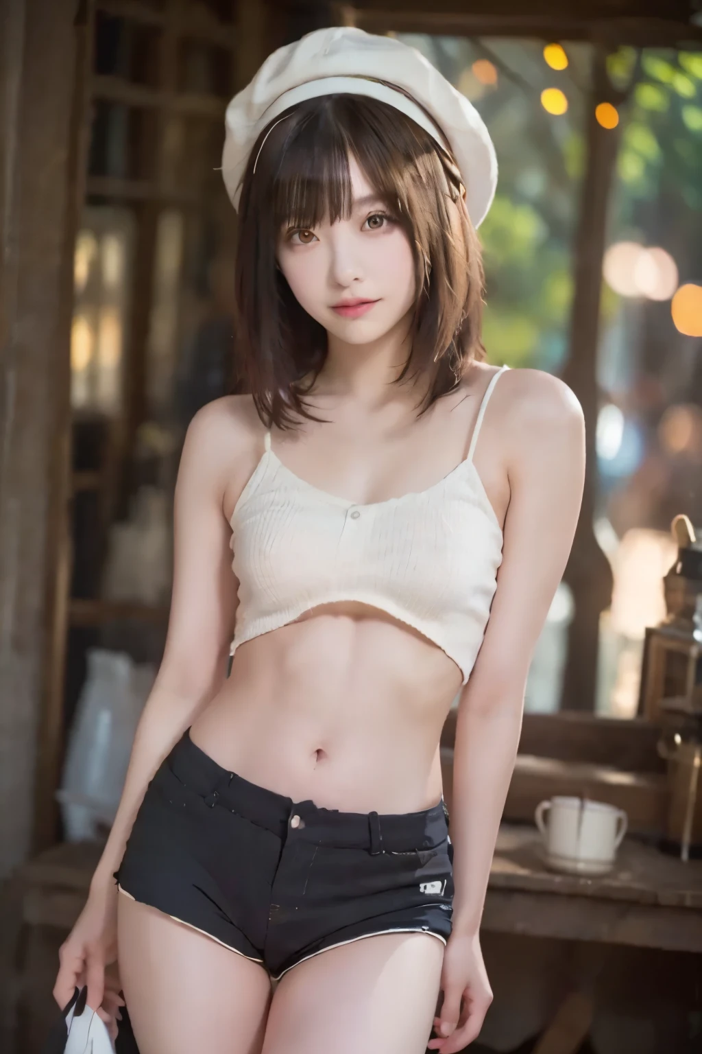  cute boy ,  looks like  ( short hair), Height approx. 140cm ,   very short shorts  ,  shorts bulging in the shape of a penis,  flat chest like a boy, slim body, The wall is a concrete wall ,   black hair,  eye ball,  surrealist, Blurred, Cinema Lighting, Bokeh, very well detailed, 解剖学的に accurate,  accurate,  Awards, 16k 、 clothes are transparent 、Short torso、解剖学的に accurate体のバランス, the hat is deeply worn 