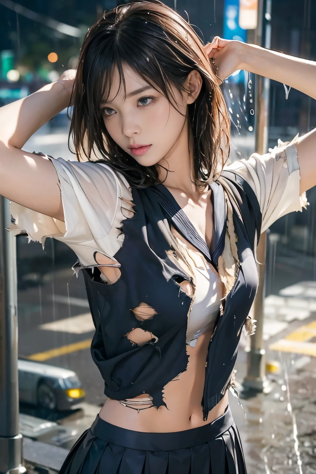 high resolution, high quality, realistic, (8k, RAW shooting, highest quality, masterpiece: 1.2), super detailed, super resolution, (real, realistic: 1.37), portrait, high resolution RAW color photo, professional photo, highly detailed face, highly detailed body, perfect anatomy, detailed background, (torn clothes: 1.5), BREAK,
Front View;1.21,, ((masterpiece, Best Quality, Best Wallpaper:1.21)), ((Get wet:1.5)), ( raise your arms , Please show me your armpits:1.3), ( Beautiful breasts, flat chest), spread his legs, Japanese Women, Japanese Women, Anatomically correct proportions, (( small head :1.5)), Brown Hair, straight hair, let your bangs hang longer ,((Slender body, waistline:1.37)), Glowing Skin , (Soaked in the rain, Famous Tokyo Metropolitan High School Sailor Uniforms, Short sleeve clothing, Short-sleeved sailor uniform:1.21, sera fuku:1.21, The upper body is wearing a uniform:1.21, navy pleated skirt , Black Bra ), I can see my underwear , heavy rain, rain, On the city streets, Cyberpunk City , Movie Lighting , ,((torn clothes:1.5)),((pull clothes:1.5)),