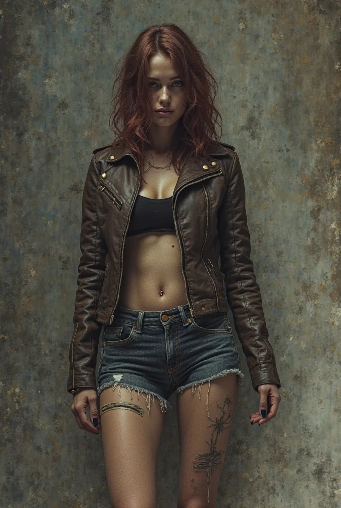 A Woman, ((Punk Style)), (80's) , 25 years old woman, Short red hair, Tattoos, Fur Jacket, Wearing black Shirt, Skinny, Looking at viewer, Arrogant expression, (((Masterpiece, Semirealistic, Cowboy shoot, Good expression, Good anatomy, Good pose))).