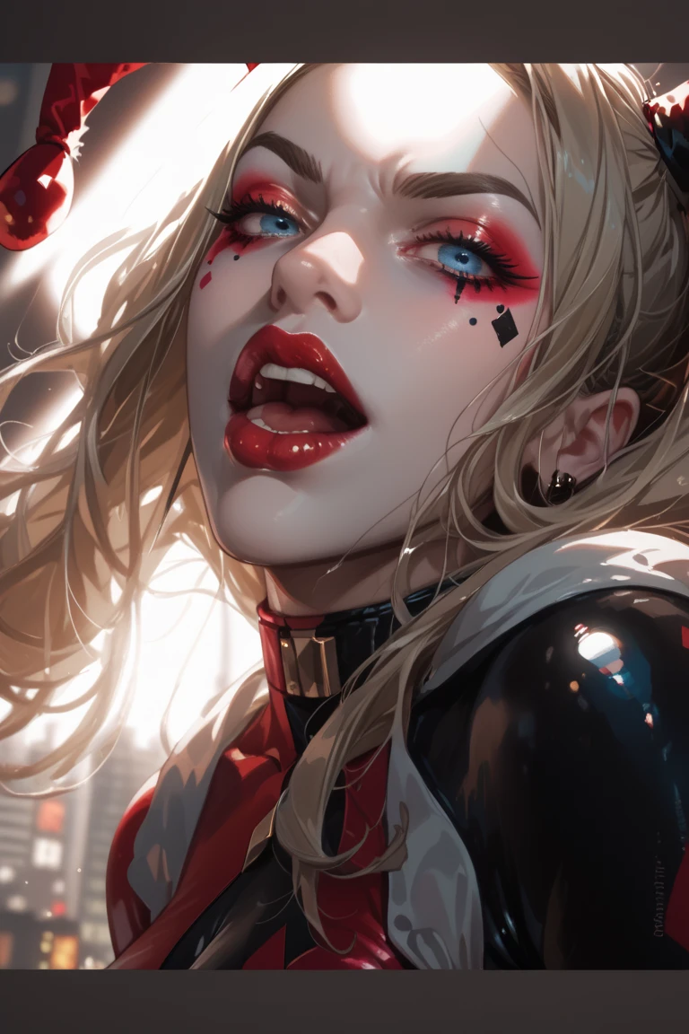 Harley Quinn, hyper realistic, extremely revealing outfit black and red, classic makeup, battered and bruised, crazy happy look, lying on a bed of tulips, weapons nearby, holding a bloody tulip