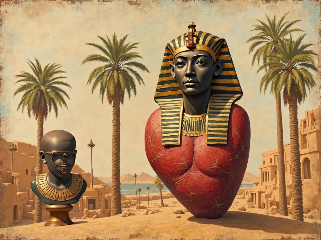a person々picture of a man holding a broken heart in front of a group of people, egypt themed art, by Ron Walotsky, Egyptian mythology, pj crook, ancient egypt painting, Pharaoh, Pharaoh, egypt god, egyptian art, Symbolism of Egypt, Masonic art, Sermon on Philistine Greed, by Tomek Setowski, mark brooks detailed