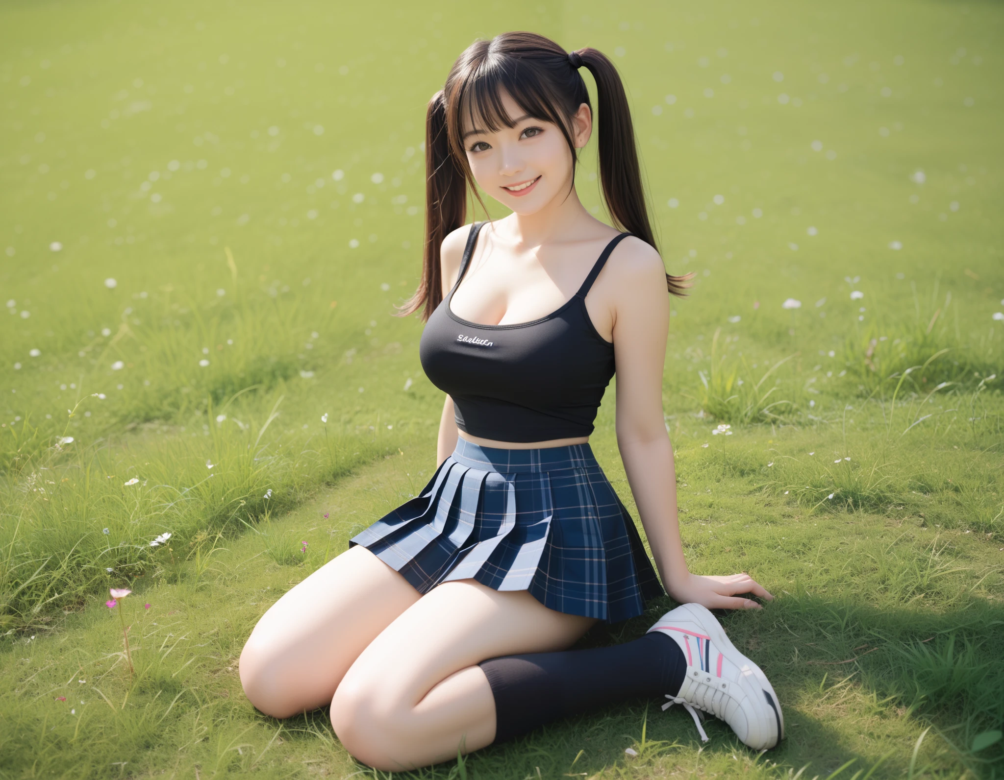 Masterpiece, anatomically correct, high resolution, ultra high definition.
1 beautiful girl. (short height, like face: 1.2). Large breasts
and beautiful legs. Black hair. (Twintails).
She wears a tank top and a plaid pleated skirt. mini-skirt. She is wearing black knee-high socks and shoes.
Private garden. She is sitting on the lawn. She is smiling and looking at me. Taken by a professional photographer.