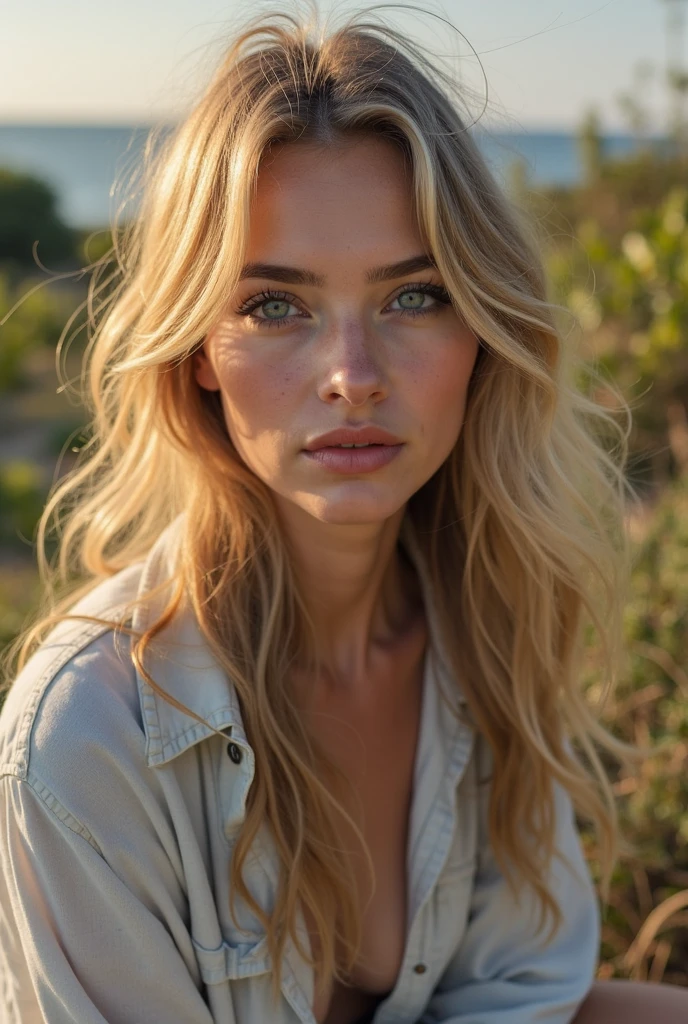 magnifique femme de 21 ans, long cou, longs cheveux blonds, frange, Yeux bleus parfaits, Lumière douce, Haute qualité, Résolution 4K, Vêtements décontractés, Colliers de perles, cardigan en tricot, Visualisez vos spectateurs dans une prairie d'italie, ultra réaliste