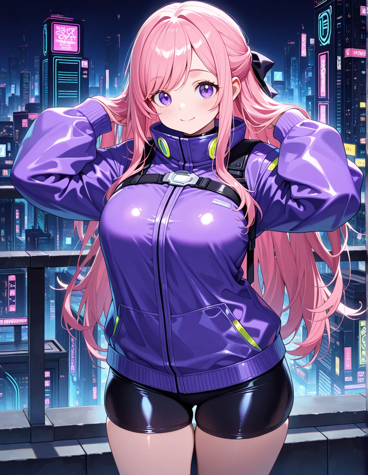 masterpiece, best quality, ultra detailed, anime style, 1girl, cyborg girl, (crossed arm pose:0.95), textured hair, pastel pink hair, red eyes, medium breasts, bathing suit, (cameltoe:0.75), cyberpunk city, warm, beautiful face, happy, night, cowboy shot