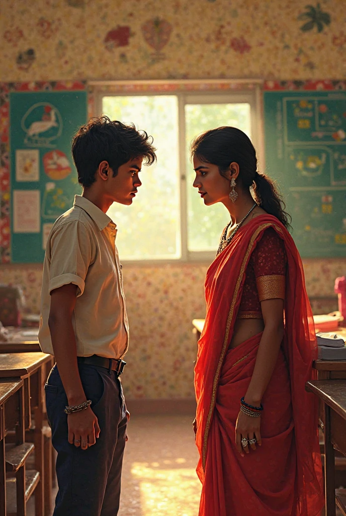 young indian school boy and a teacher having secret affair in school. teacher wearing plain blue sari and white blouse showing cleavage, boy pressing her breast with his hand