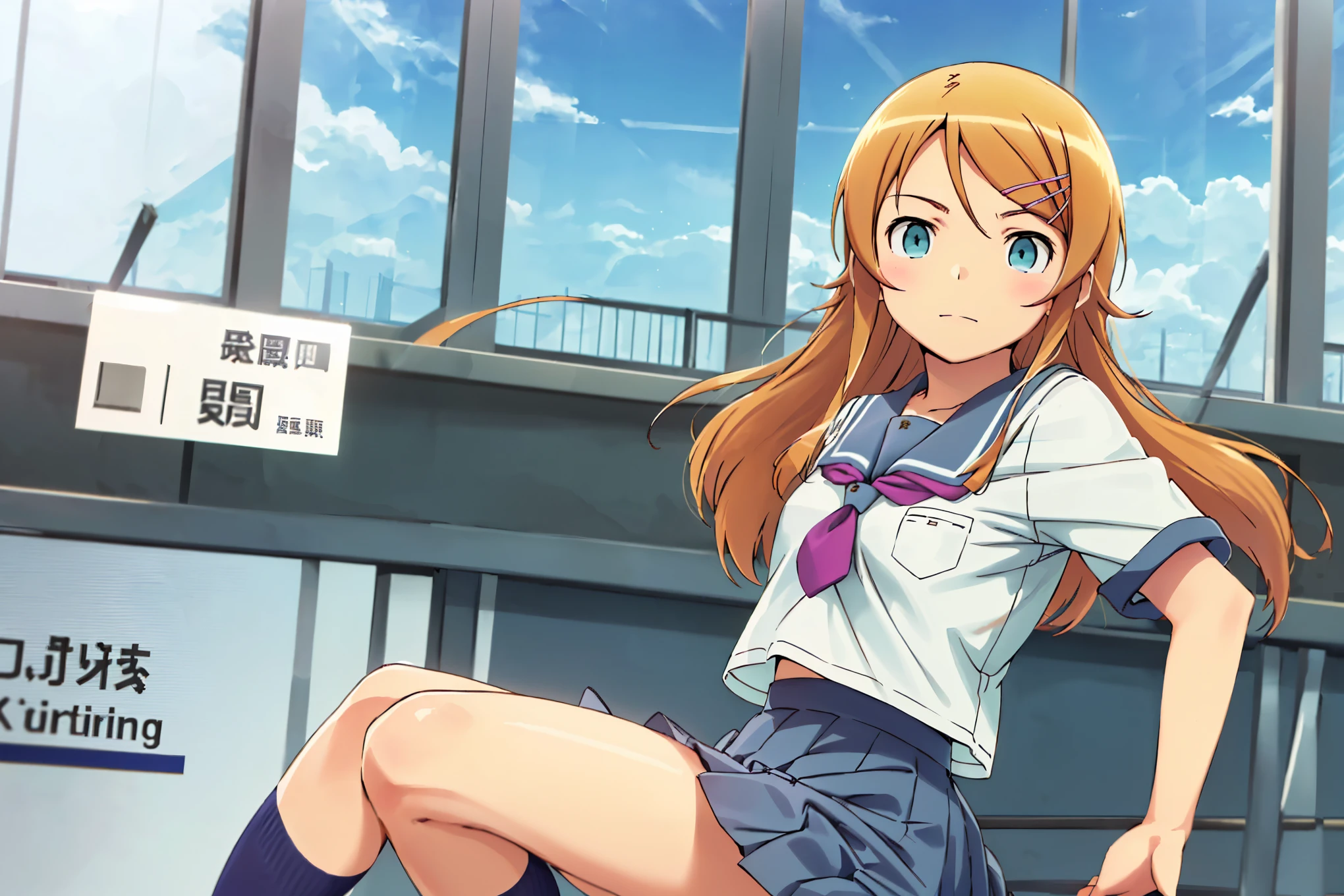 aakirino, long hair, hairclip, school uniform, grey sailor collar, purple neckerchief, white shirt, short sleeves, pleated skirt, grey skirt