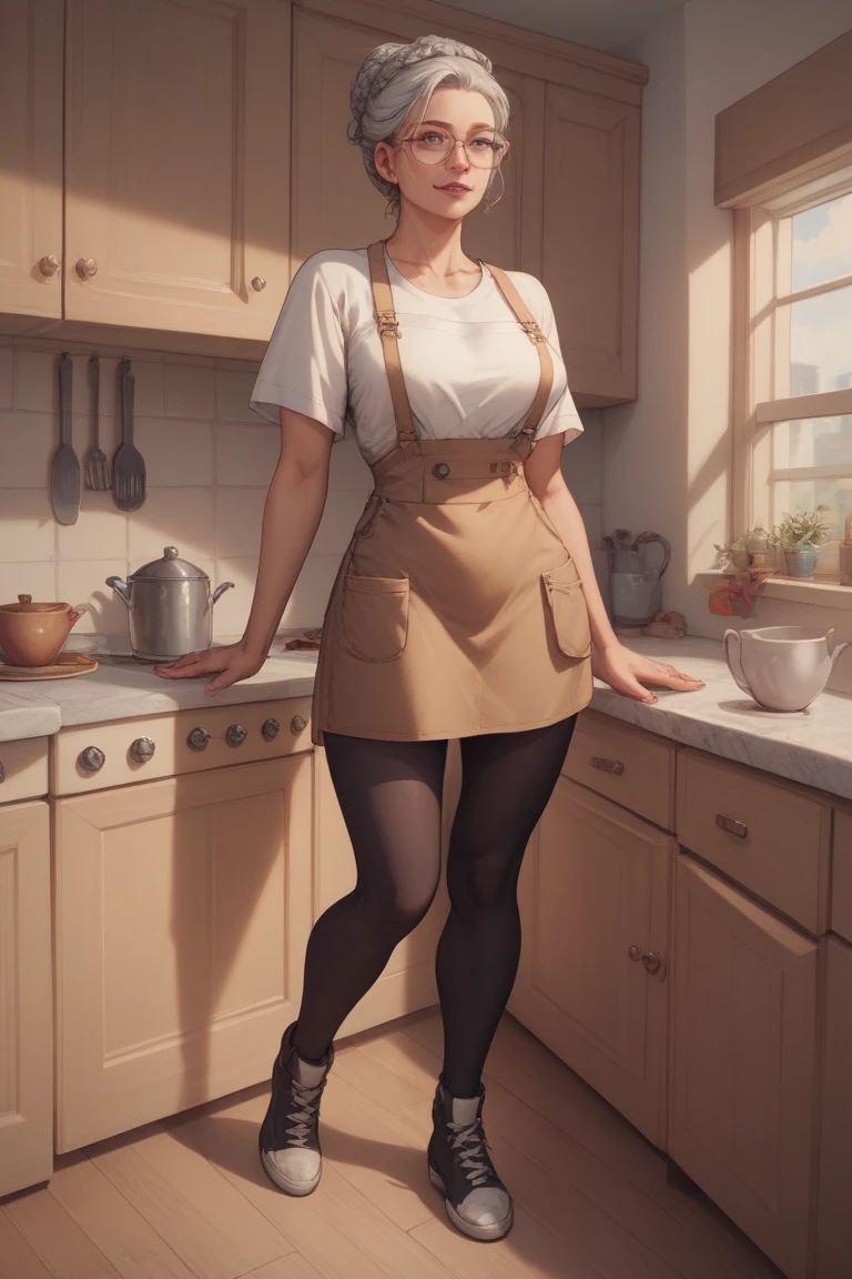 Photo of Anna of Arendelle, happy, cameltoe, huge breasts, bursting huge breasts, wide hips, busty, tall, kitchen clothes, kitchen shorts, chef clothes, white clothes, from below, legs slightly departed