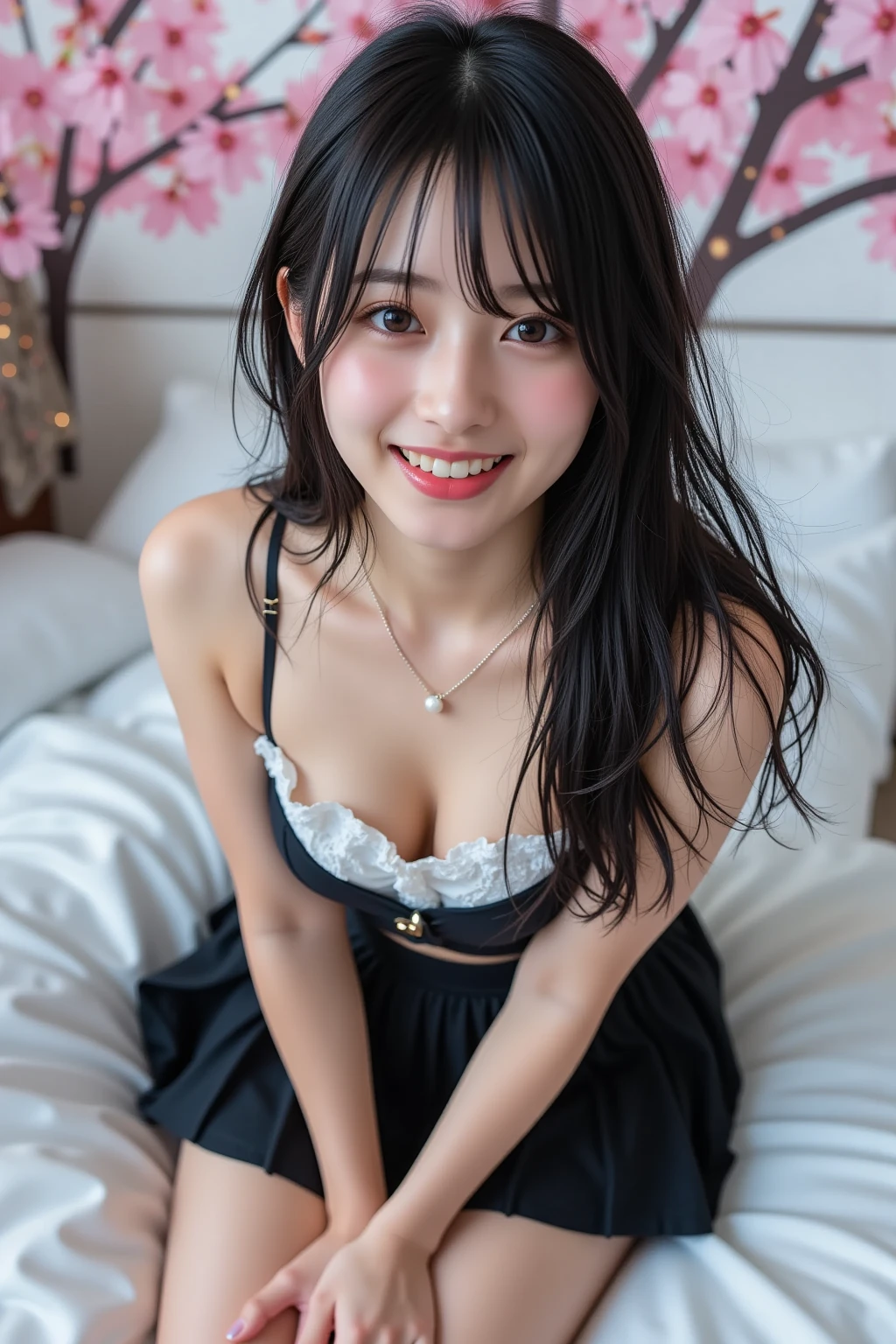 1 girl, 16yo, solo, negligee, black eye, realistic, high res, blush, extremely detailed face, (medium hair), (medium breast), floating hair, smile, open_mouth, full body, (dynamic pose:1.2), top angle view, (daytime), ((looking at the viewer:1)), (looking at the camera), (portrait:0.6), gorgeous, standing, keep original facial proportion, brown hair, lips, lipstick, seductive smile, teeth, eyelashes, photorealistic, lens flare, soft lighting, cowboy shot, best quality, masterpiece, 8k, leaning forward, cleavage