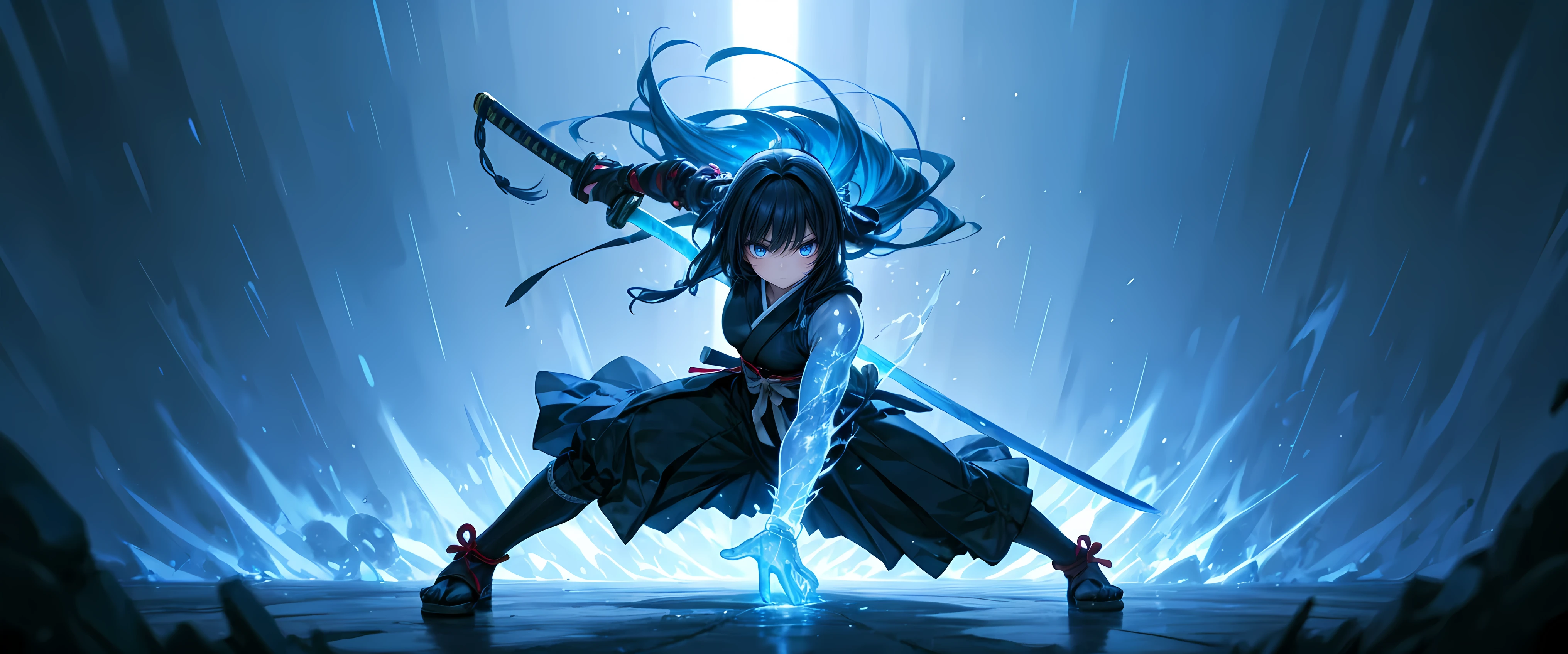 best quality, high detailed, Samurai Girl, mechanical right arm, iai stance, katana, big weapon, frozen arm, cold blue flame, Slash effect, serious, beautiful eyes, super fine eyes