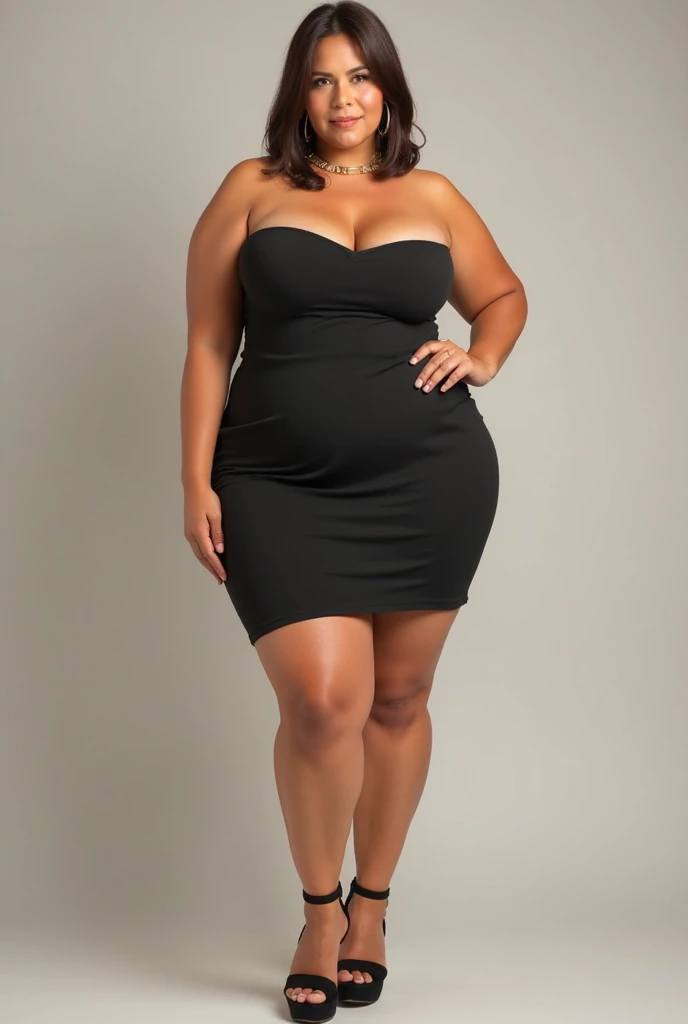 Generates a busty milf with a nice ass but a thin waist, black so kate heels and a black bodycon dress