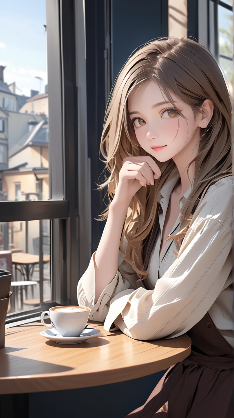 ((Masterpiece, best quality, highest quality, high resolution, photorealistic, raw photo, extremely detailed CG integrated 8k wallpaper)) Beautiful illustration, beautiful woman at the window in a cafe: Relaxed expression enjoying coffee surrounded by soft light coming in through the window