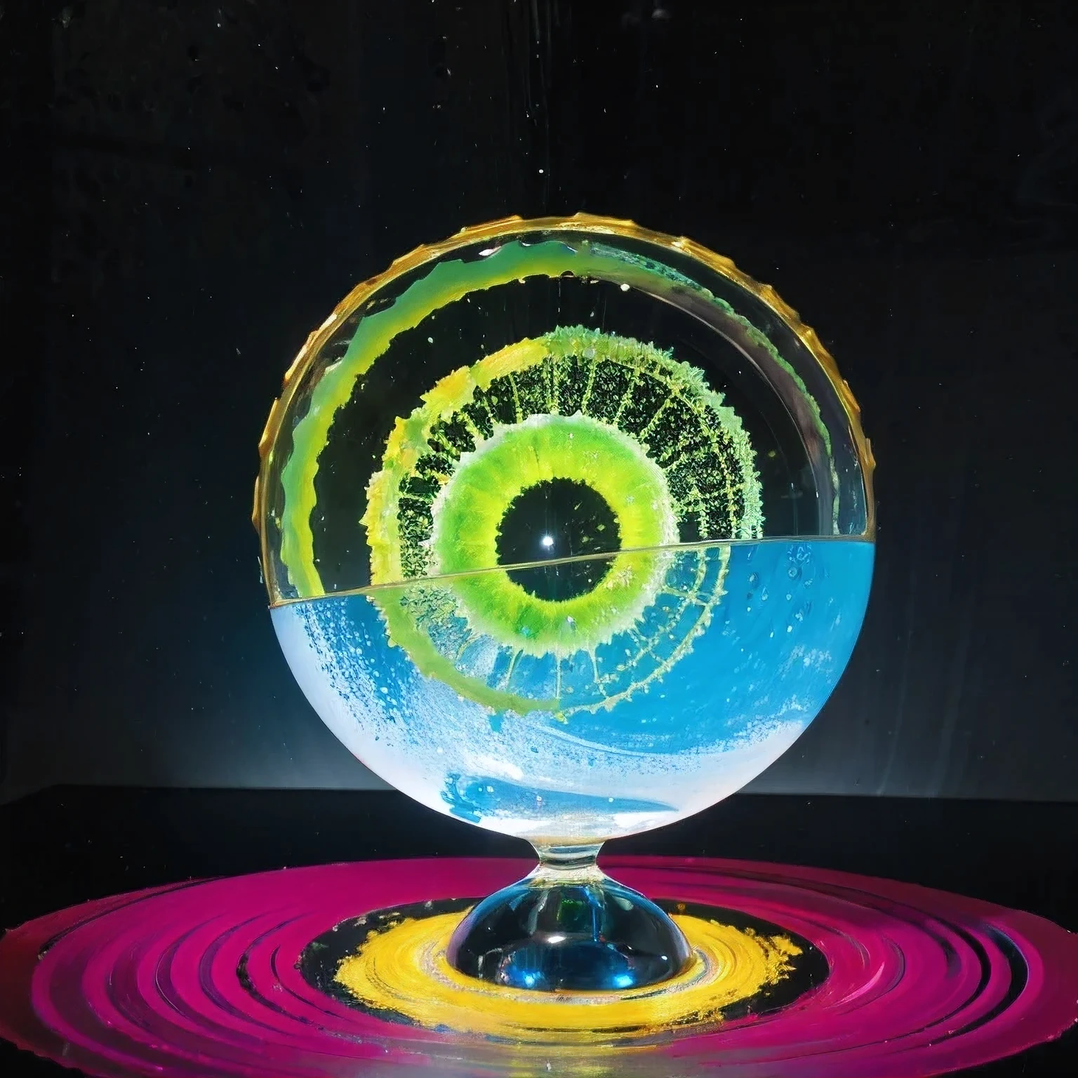 Seabed ice sheet background,detailed armor, ornate headdress, samurai helmet(((Dynamic rotating concentric circles)))(Dynamic rotation of concentric circles)Mandala is the result of the long journey of creating concentric circles of liquid color, there is a glass bowl with a green and purple swirl inside, simulacrum of a space fungus, alien flower, distant nebula are glowing algae, inspired by Otto Piene, inspired by Earnst Haeckel, top down extraterrestial view, covered with ferrofluid. dslr, translucent algae ornate, the eye of the universe, anatomical fractal,which interact through transparency, refraction, reflection, and collision. The ultimate goal is to showcase unique, detailed, and aesthetically pleasing images that capture the audience's attention through their initial visual impact and stunning details in liquid interactions,there is a cake with a red and yellow center on a blue plate, inspired by Otto Piene, victor antonov, culinary art photography, inspired by Graham Sutherland, colorful ferrofluid armor, inspired by Anish Kapoor, alexandra fomina, david kassan, by Jan Rustem, rudolf is hired, sergey krasovskiy, kai vermehr