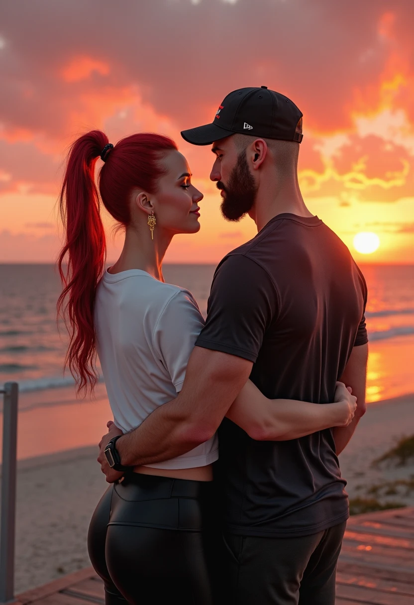 Red haired on the beach, black sweatpants, Men who touch the woman with bare feet.
