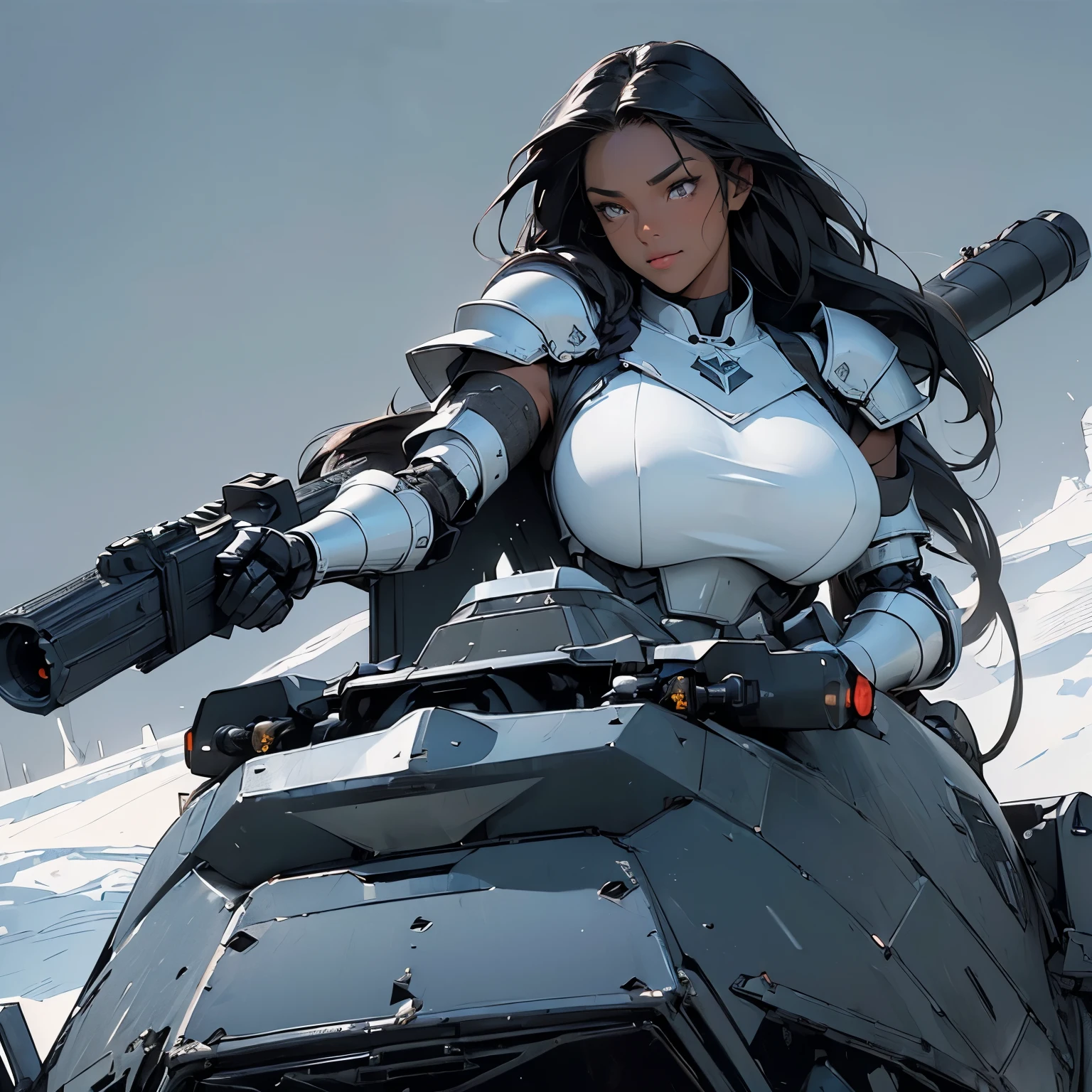 nsfw, anime screencap, 16K, perfect ??????? proportion body, perfect hands, action, A dynamic composition with a sense of speed and movement, (Hold an assault rifle:1.6), a wife, 40age, perfect beautiful delicate sexy face, perfect beautiful delicate eyes, braid-in-braid black hair, (dark skin:1.6), huge breasts, abs, Camouflage-colored heavy armored steam engine full armor powered suit, Many heavily armored robot soldiers are engaged in a firefight in the background., Flying bullets, Snowy Battlefield, war, Post-apocalyptic,