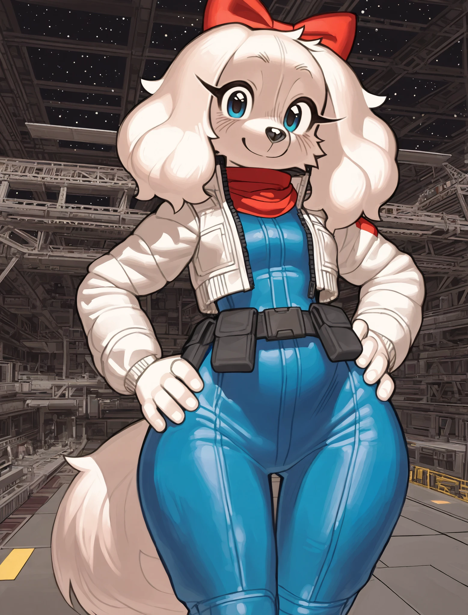 ((Fay Spaniel)), ((Starfox)), ((pixelsketcher style)), ((wamudraws style)), ((masterpiece)), ((high resolution)), ((solo portrait)) {(attractive figure), (wide hips), (beautiful legs), (white fur), (black nose), (floppy dog ears), (cute blue eyes), (long eyelashes), (cute smile)}, {(cyan jumpsuit), (white jacket), (red scarf), (utility belt), (giant red bow)}, {(standing), (hands on hips), (looking at viewer)}, ((hangar)), ((space))