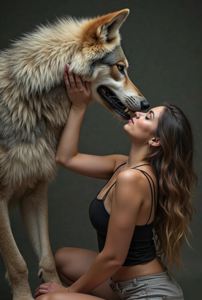 A hyper realistic, ultra detailed image of a husky, fat, (((((side view, feral, husky, pussy back riding, lying down, duo, human women))))), realistic, detailed background, (saliva:0.8),
