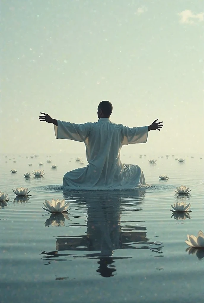 3D view, huge blue lake, a white-skinned man suspended in meditation, with ripples under his feet, a handsome man with a perfect body, perfect abdominal muscles, perfect muscle curves, a handsome man wearing Hanfu (Chinese style, Asian man)