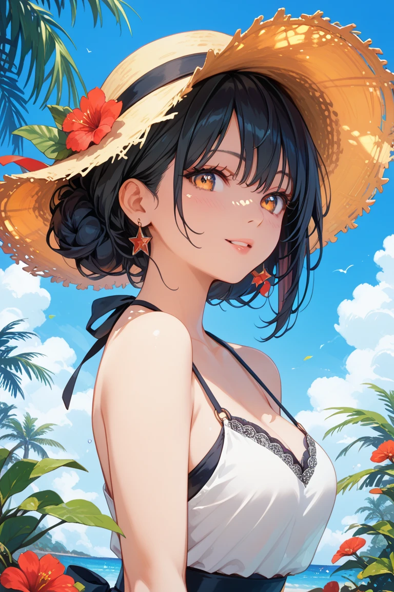 (best quality, masterpiece:1.2), a woman wearing a hummingbird printed tank top, perfect body, huge breast, cleavage, wide hips, cute