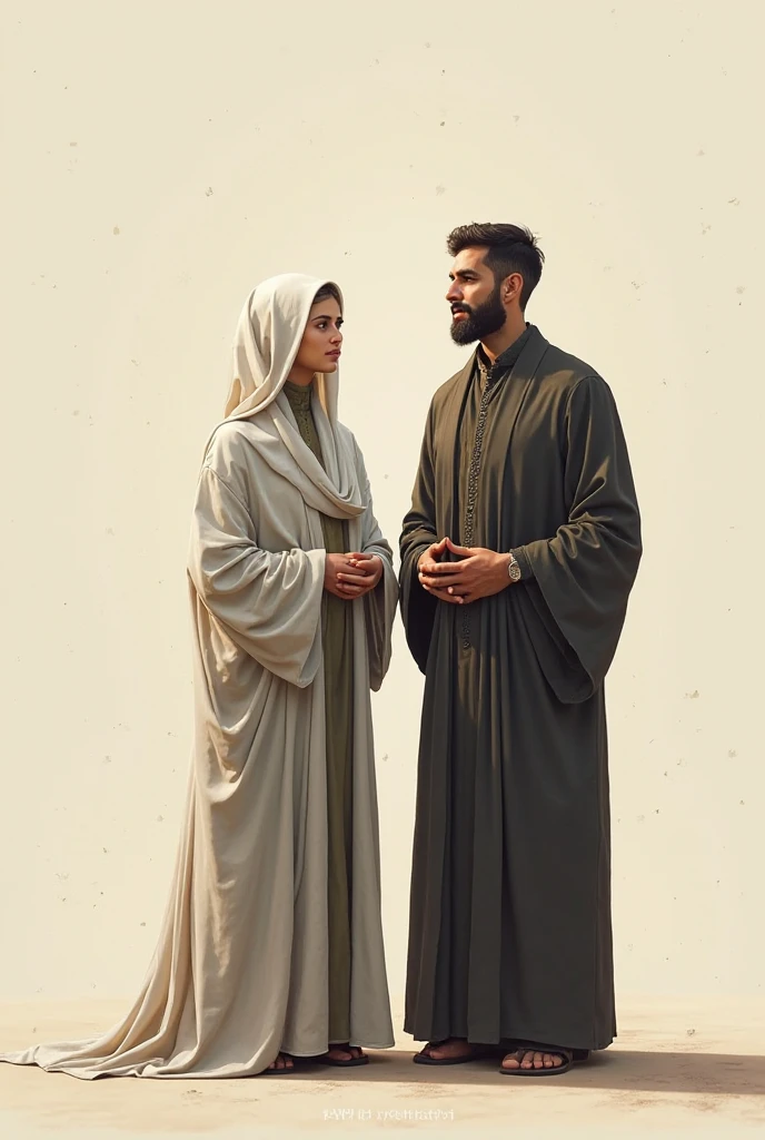 European white headscarf, black long sleeve t shirt, white skirt, barefoot, Woman talking to her male friends in the garden.
