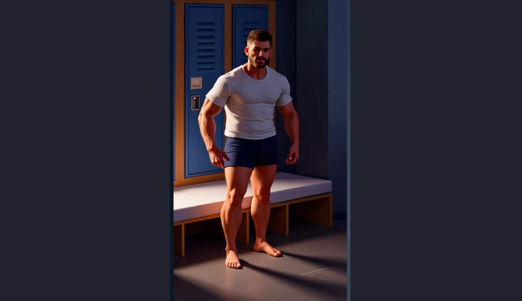 Man wearing a white tight vest and white socks erect man，I looked at my crotch with satisfaction