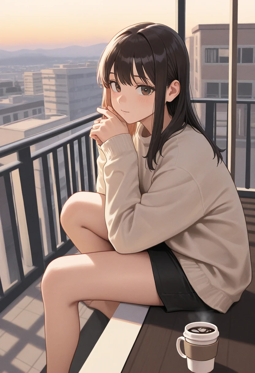 1girl, beautiful woman, medium wavy brown hair, freckles, dark eyelashes, perfect eyes, perfect face, intricate, intricate details, anime, sitting down, legs crossed