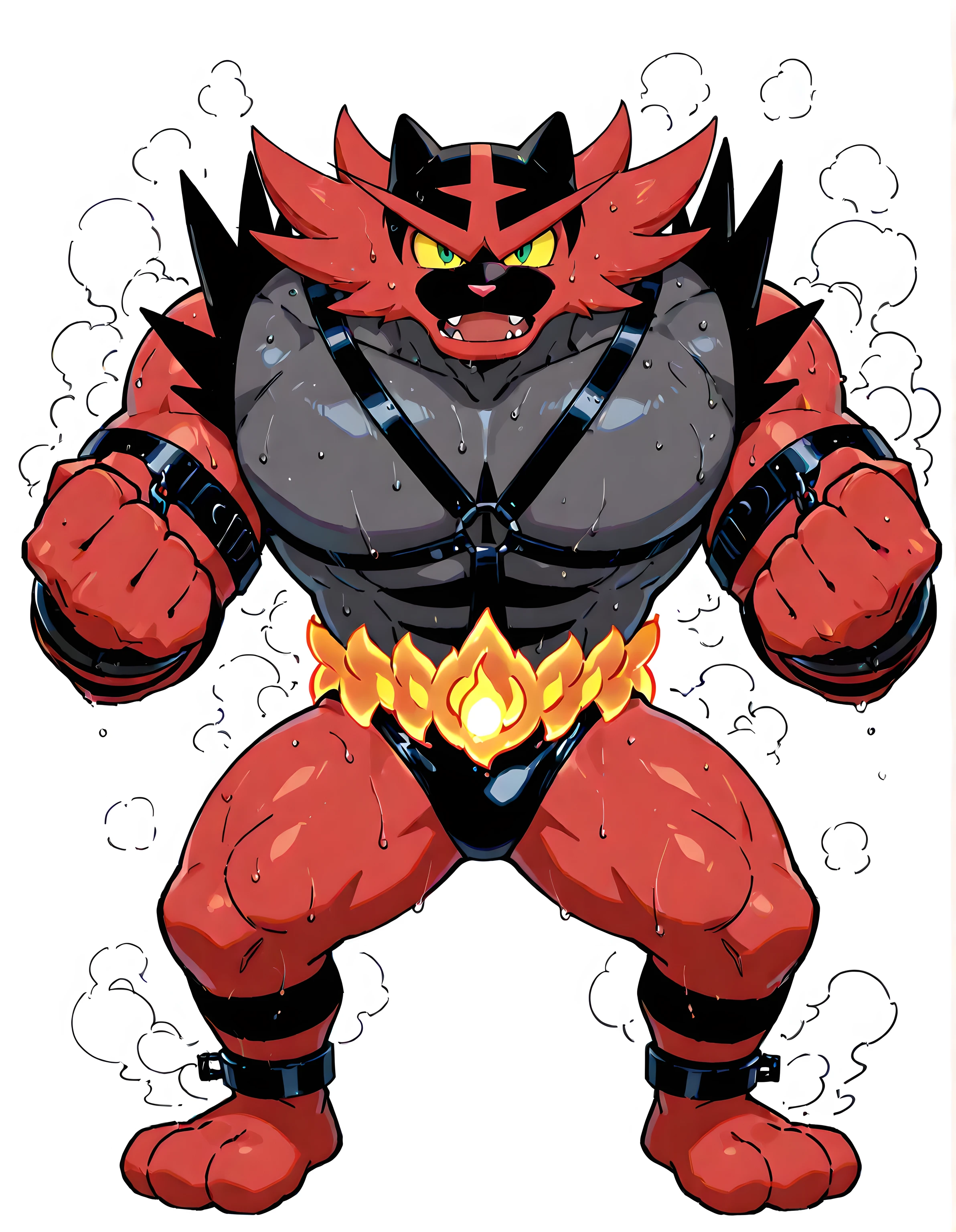 incineroar, high quality, male, solo, white background, no background, full body, thick arms, slightly open mouth, looking at viewer, wide stance, black speedos, green eyes, yellow sclera, wide chest, wide shoulders, steaming, steam, slightly open mouth, ((wearing body restraints, wearing harness)), sweaty