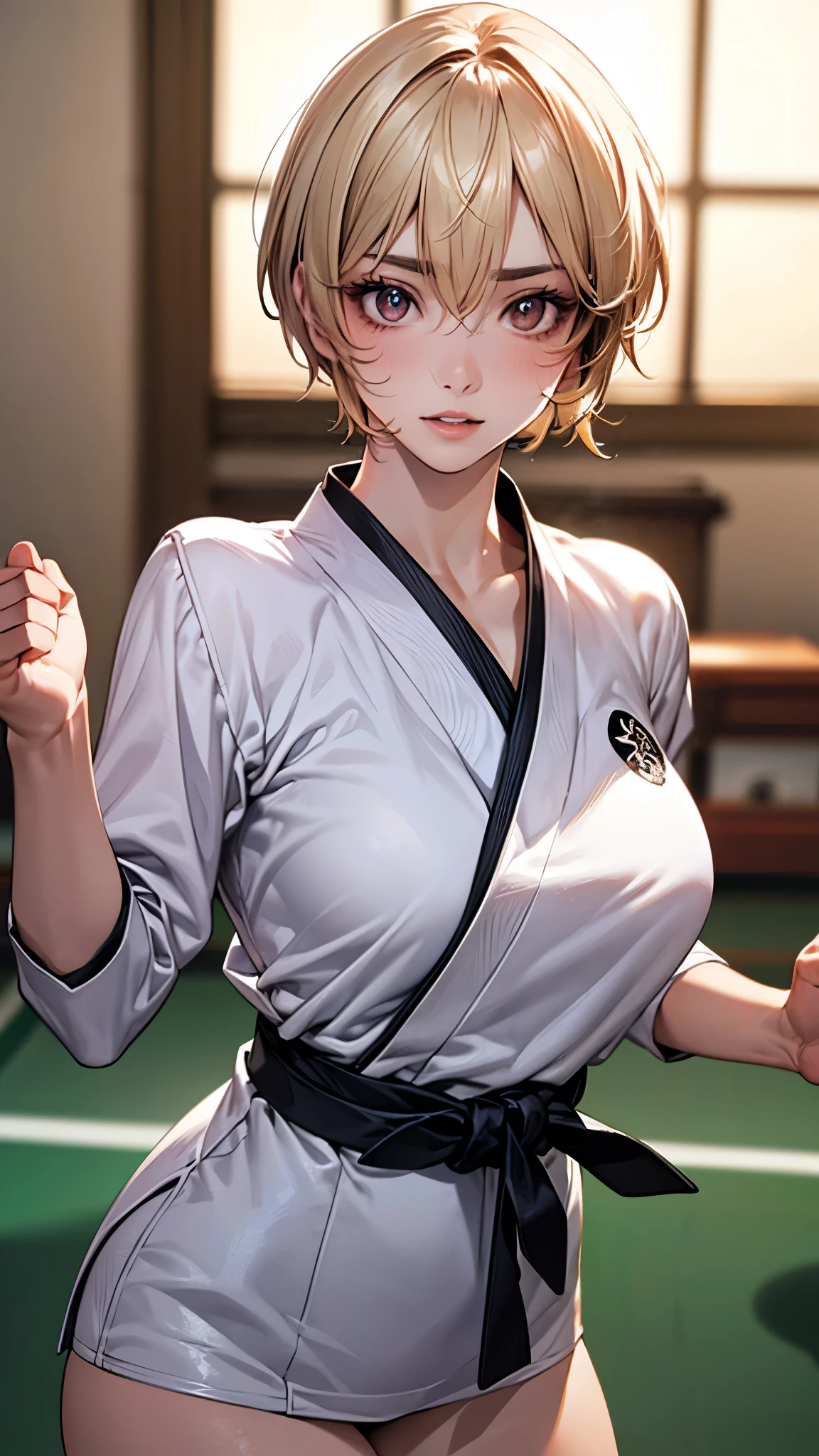 A short-haired woman is wearing a kimono and karate pants with a black belt, indicating your skill level and dedication to the martial art. His gaze is focused, reflecting the determination and intensity with which you approach your daily training. Mesmo com a seriedade desse momento, um leve sorriso adorna seu rosto, revealing the satisfaction and passion he finds in the practice of karate.
A woman's short hair is combed in a practical way, allowing fast and agile movements during workouts. His eyes are bright and focused, demonstrando um profundo comprometimento com o aprimoramento de suas habilidades marciais.
The karate kimono is traditional, em tons de preto e branco, with elegant and symbolic details. The black belt tied at the waist is a sign of his advanced level of knowledge and experience in the martial art.
Enquanto ela treina, The environment around you is full of energy and discipline. O dojo, local de treinamento, is illuminated by a soft, luz difusa, criando uma atmosfera tranquila e concentrada. The sound of precise movements and controlled contact between practitioners echoes through the space, mostrando a intensidade e a seriedade dos treinamentos.
Nesse momento, The woman is completely immersed in the world of karate, find the balance between strength and inner calm. Her focused gaze and the slight smile on her face reflect her passion for the martial art and the satisfaction she finds in the constant improvement of her skills.