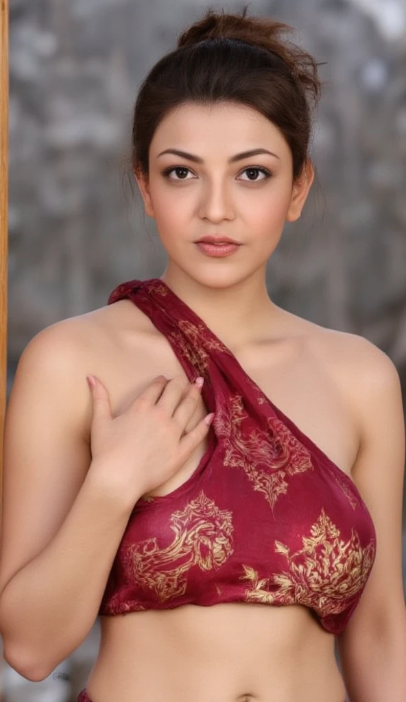 Day scene, close up photo of a sexy Indian maid, cleaning floor in a palace, big cheeks, curvy, super stylish red dress with wide open breasts, accessories, earrings, necklace, erotic face, 36 yo, ponytail, look at viewer and smile, (cinematic:1.3), intricate details, (ArtStation:1.2) realistic dress is removed and a naked body, Exposed nude small breasts, pink nipples no cloths
