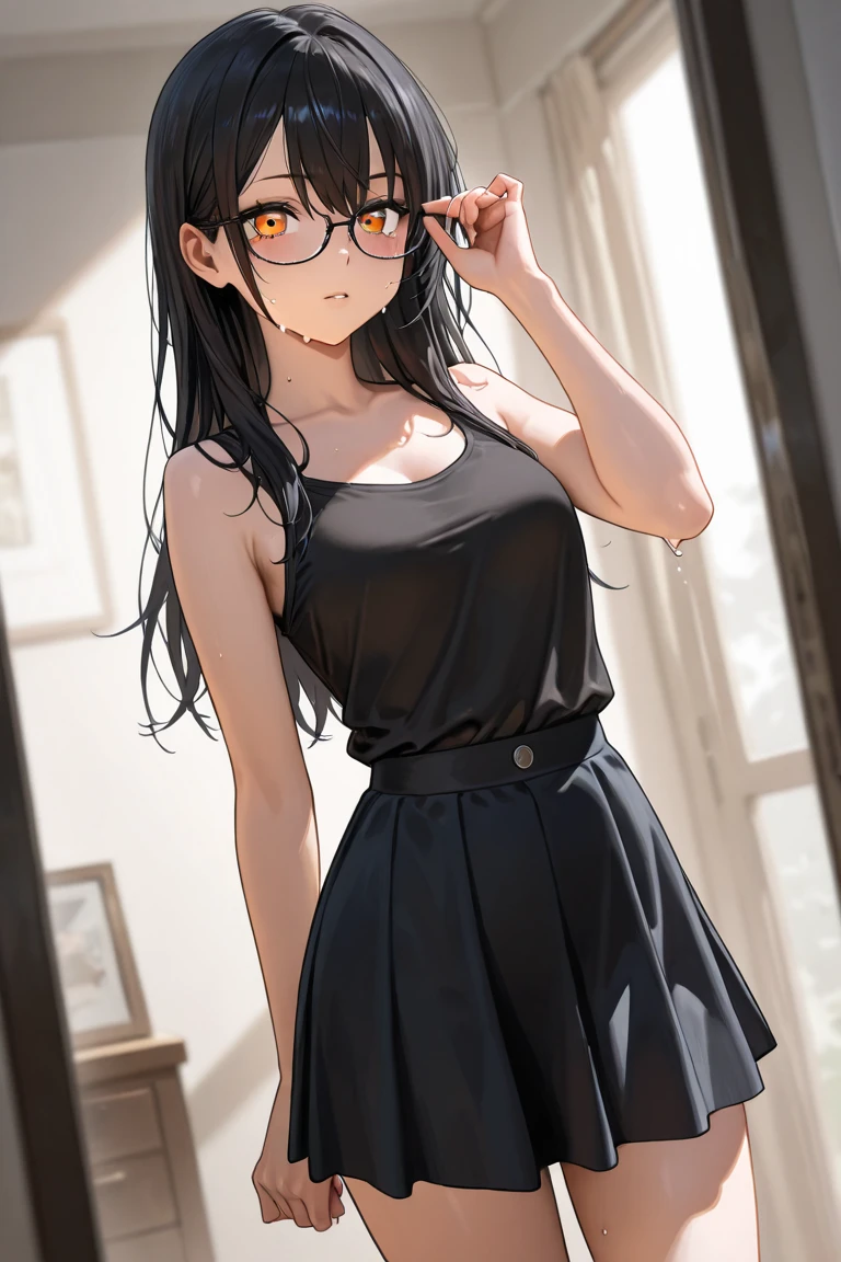 1 girl, sleeveless, best quality, detailed, camise, best shaders, black short pencil skirt, glasses, sunset, long hair, elegant, beautiful face, wall, home