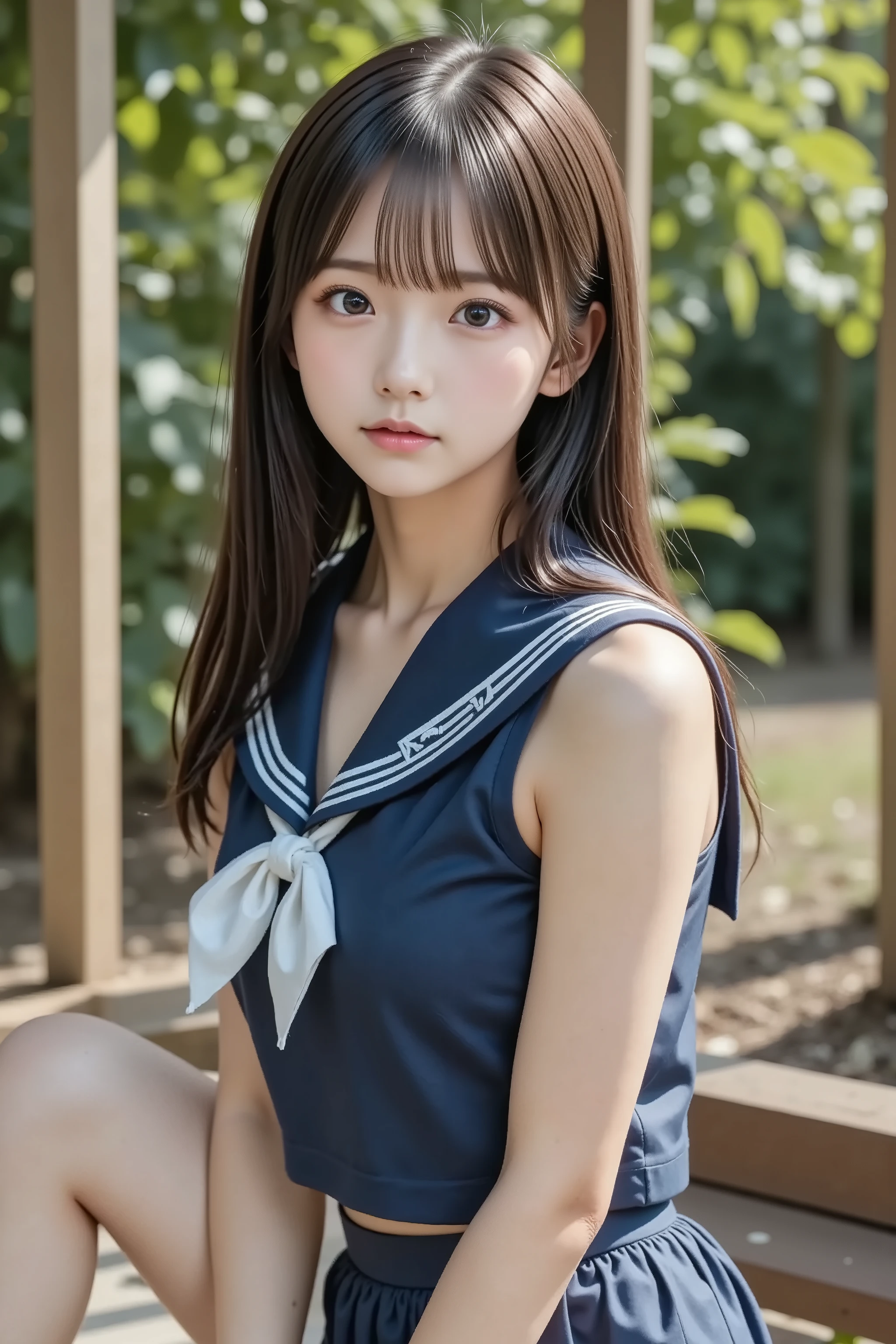 8k, Ultra High Definition , top quality made of straw, masterpiece,rule of thirds, golden ratio, surreal, photos, one woman,(1 girl:1.3), cute, cute顔, beautiful Eyes in Every Detail , 細かく exhaustive, young woman, princess, black hair,long hair, photo, 豪華で beautiful ,(A 18-year-old famous Japanese idol ), ((Sailor School Uniform、Navy Blue Pleated Skirt)), very delicate expression , delicate eye description,, healthy body , (( female 1 person)), ( beautiful :1.4), pink lips, profile,((( ideal figure))),small bust, cup :2,、 perfect anatomy 、鮮明な exhaustive、 exhaustive, thin lips,完璧で beautiful顔 ,完璧で cute顔, meticulous skin , Light and Dark, full body、Beautiful thighs、 beautiful自然豊かな公園で、