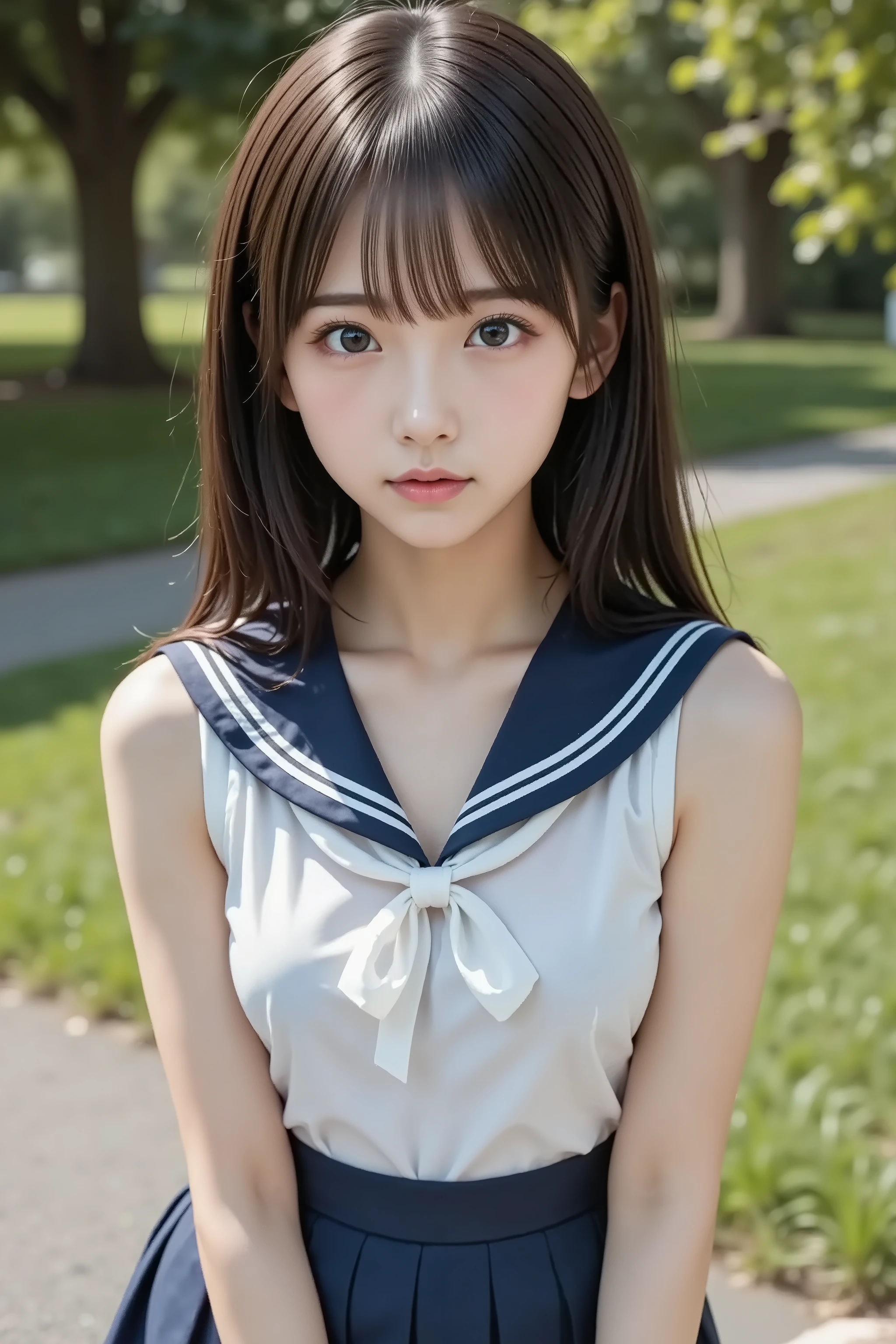 8k, Ultra High Definition ,   top quality made of straw,   masterpiece,rule of thirds, golden ratio, surreal,  photos,   one woman,(1 girl:1.3), cute, cute顔,  beautiful Eyes in Every Detail , 細かく exhaustive,  young woman,  princess,   black hair,long hair, photo,  豪華で beautiful ,(A 18-year-old famous Japanese idol  ), ((Sailor School Uniform、Navy Blue Pleated Skirt)),  very delicate expression ,   delicate eye description,,   healthy body , ((  female 1 person)), ( beautiful :1.4),  pink lips, profile,(((   ideal figure))),small bust, cup :2,、 perfect anatomy 、鮮明な  exhaustive、  exhaustive,  thin lips,完璧で beautiful顔  ,完璧で cute顔,    meticulous skin   ,  Light and Dark,  full body、Beautiful thighs、 beautiful自然豊かな公園で、