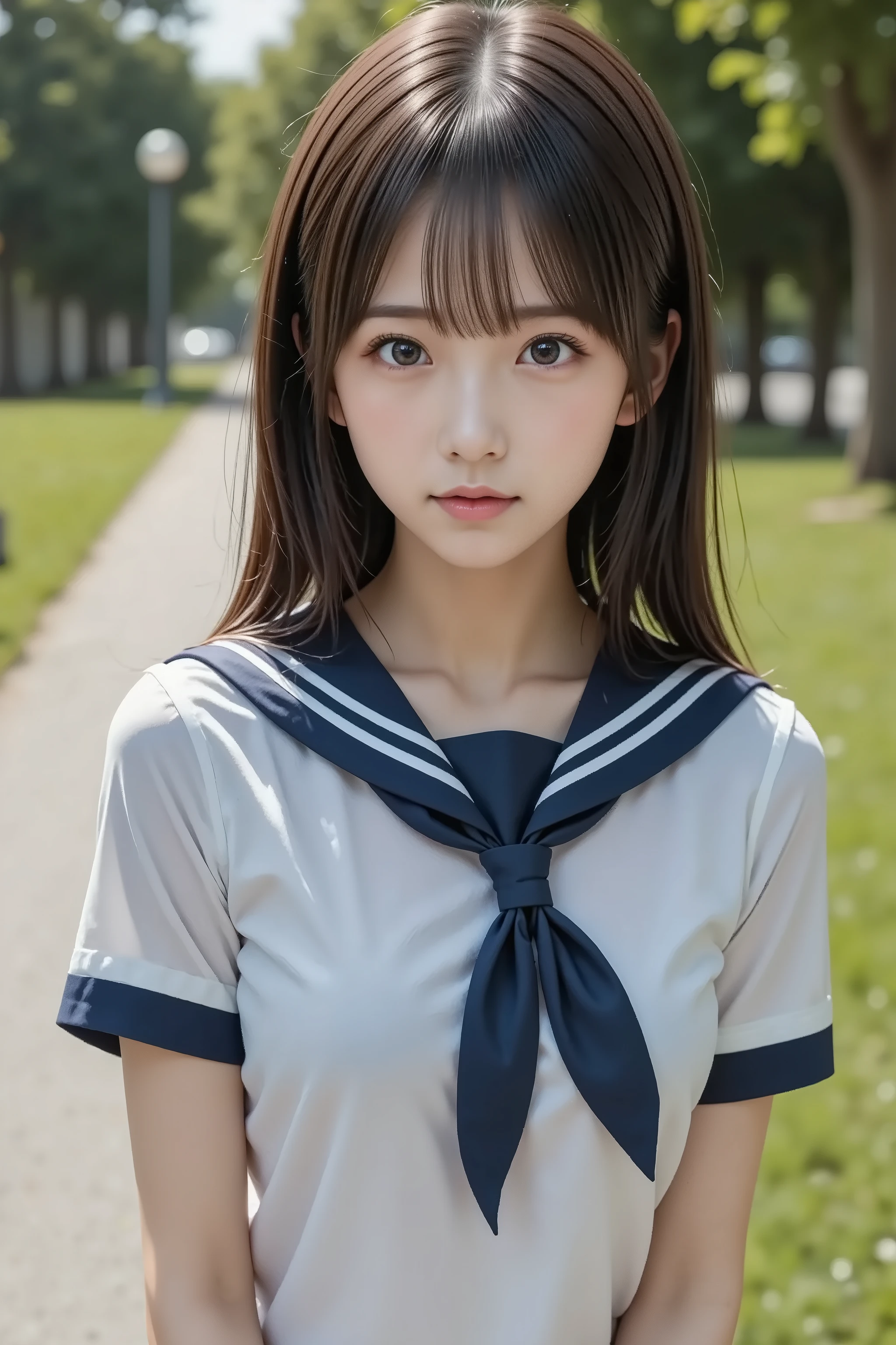 8k, Ultra High Definition , top quality made of straw, masterpiece,rule of thirds, golden ratio, surreal, photos, one woman,(1 girl:1.3), cute, cute顔, beautiful Eyes in Every Detail , 細かく exhaustive, young woman, princess, black hair,long hair, photo, 豪華で beautiful ,(A 18-year-old famous Japanese idol ), ((Sailor School Uniform、Navy Blue Pleated Skirt)), very delicate expression , delicate eye description,, healthy body , (( female 1 person)), ( beautiful :1.4), pink lips, profile,((( ideal figure))),small bust, cup :2,、 perfect anatomy 、鮮明な exhaustive、 exhaustive, thin lips,完璧で beautiful顔 ,完璧で cute顔, meticulous skin , Light and Dark, full body、Beautiful thighs、 beautiful自然豊かな公園で、