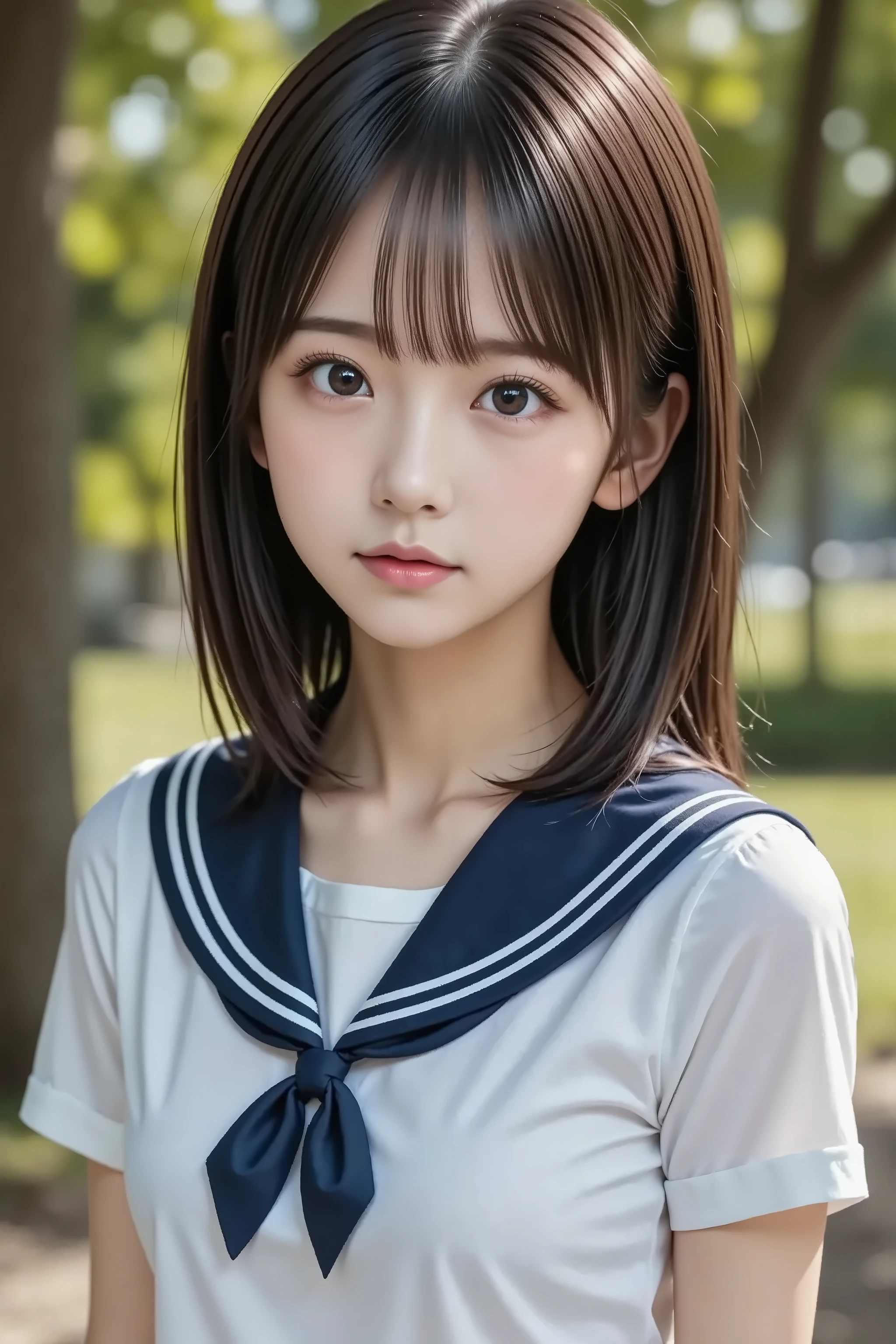 8k, Ultra High Definition , top quality made of straw, masterpiece,rule of thirds, golden ratio, surreal, photos, one woman,(1 girl:1.3), cute, cute顔, beautiful Eyes in Every Detail , 細かく exhaustive, young woman, princess, black hair,long hair, photo, 豪華で beautiful ,(A 18-year-old famous Japanese idol ), ((Sailor School Uniform、Navy Blue Pleated Skirt)), very delicate expression , delicate eye description,, healthy body , (( female 1 person)), ( beautiful :1.4), pink lips, profile,((( ideal figure))),small bust, cup :2,、 perfect anatomy 、鮮明な exhaustive、 exhaustive, thin lips,完璧で beautiful顔 ,完璧で cute顔, meticulous skin , Light and Dark, full body、Beautiful thighs、 beautiful自然豊かな公園で、