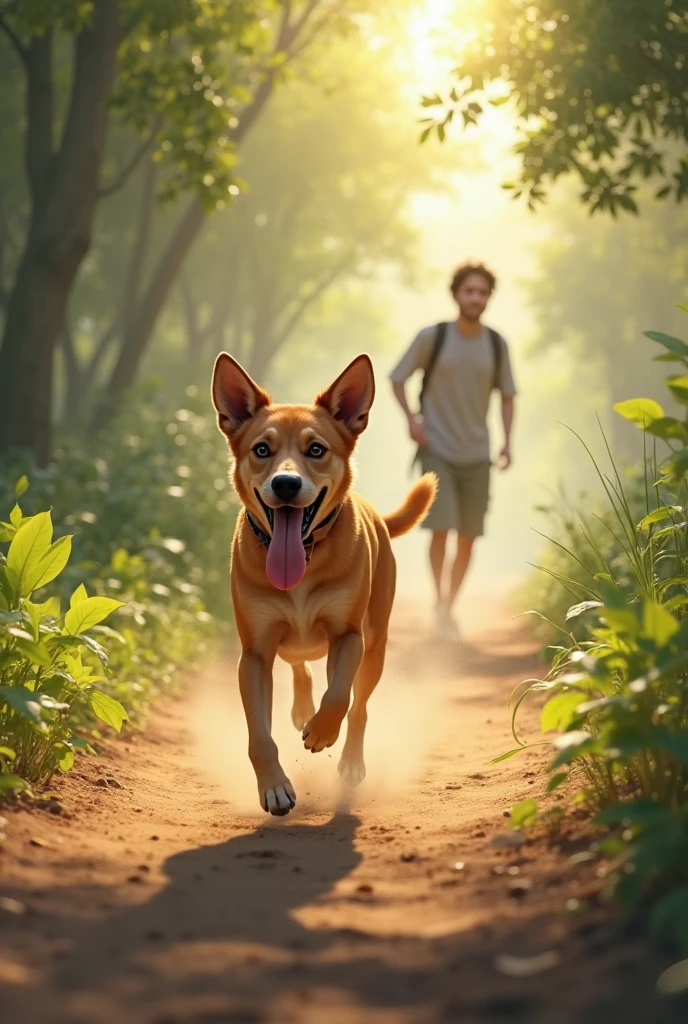A dog running behind his master